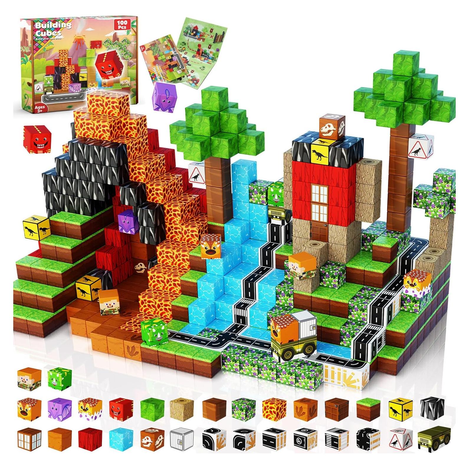 Goody King Dinosaur Volcano Magnetic Block World |100PCS Dinosaur Magnetic Block Cubes,STEM Montessori Sensory Toys for Toddlers Kids Boys Girls Ages 3-5 6-8 Christmas Birthday Gifts