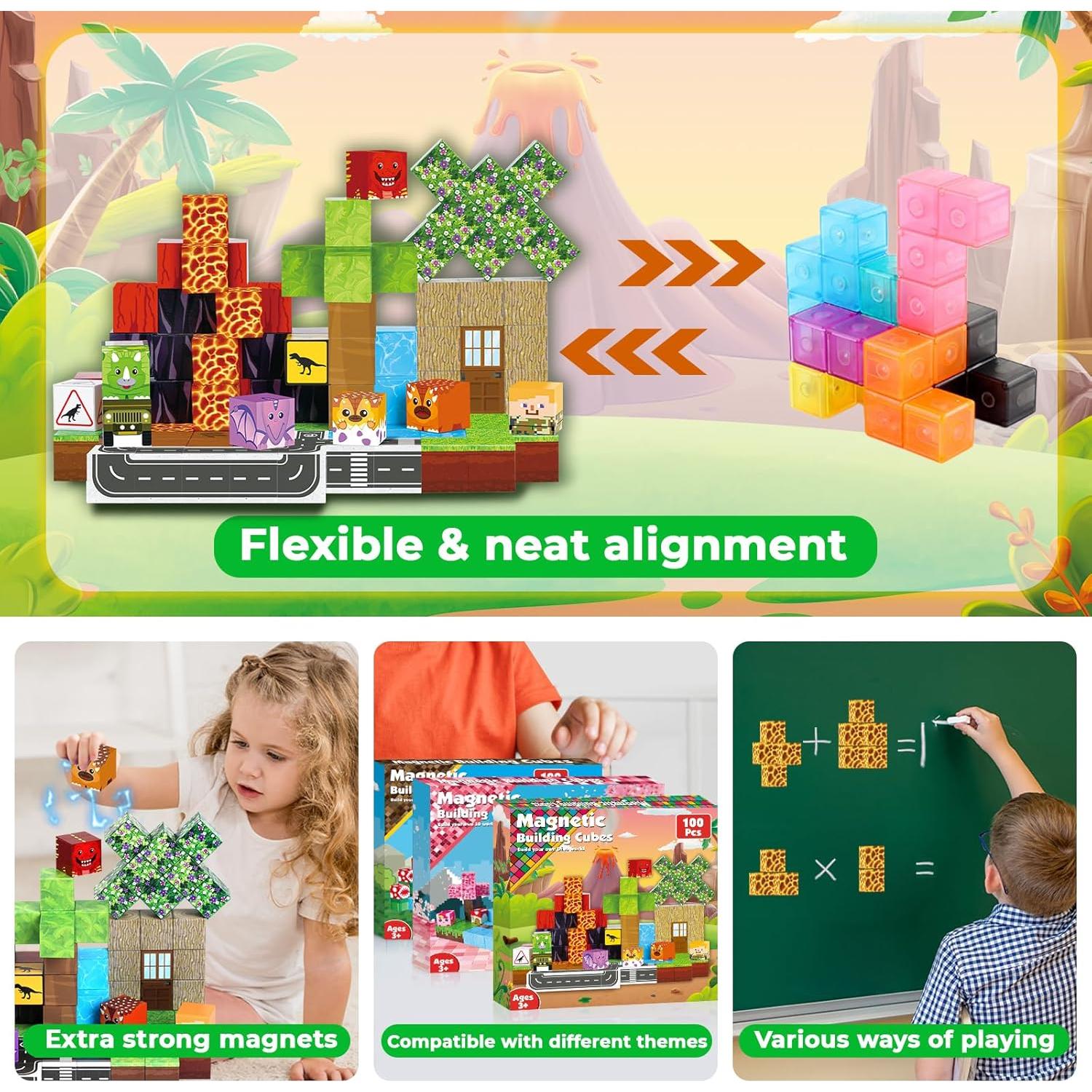 Goody King Dinosaur Volcano Magnetic Block World |100PCS Dinosaur Magnetic Block Cubes,STEM Montessori Sensory Toys for Toddlers Kids Boys Girls Ages 3-5 6-8 Christmas Birthday Gifts