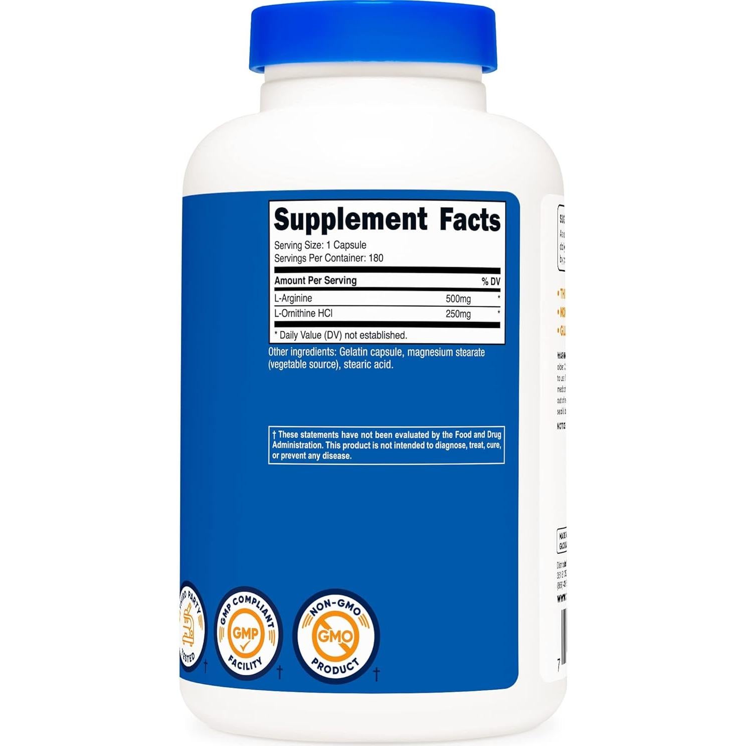 Nutricost L-Arginina L-Ornitina 750mg - 180 Cápsulas (2 Botellas)