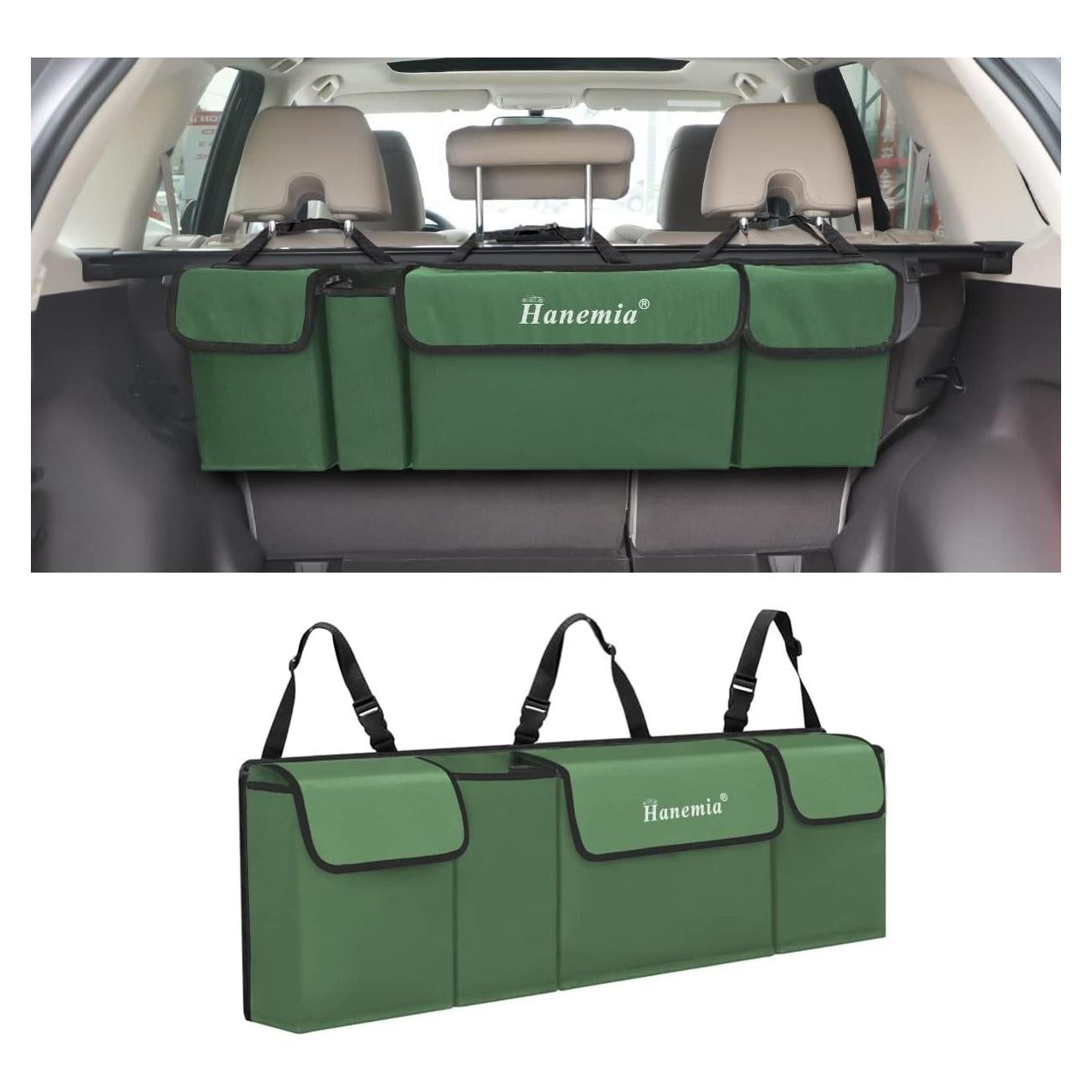 Car Trunk Organizer and Storage, Backseat Hanging Organizer for SUV, Truck, MPV, Waterproof, Collapsible Cargo Storage Bag with 4 Pockets, Car Accessories for Men and Women (Army Green)