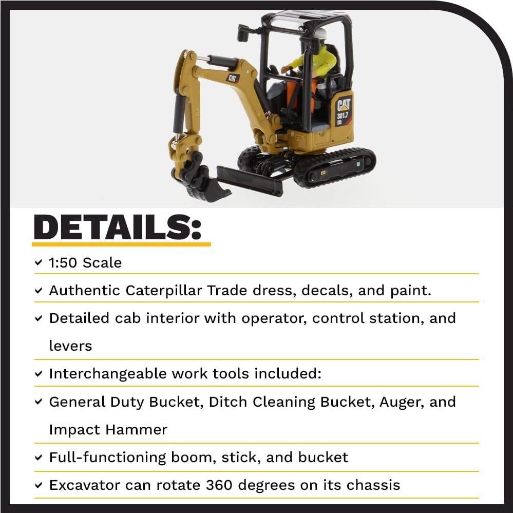 Excavadora Hidráulica Mini Caterpillar 301.7 CR 1:50 Diecast Masters