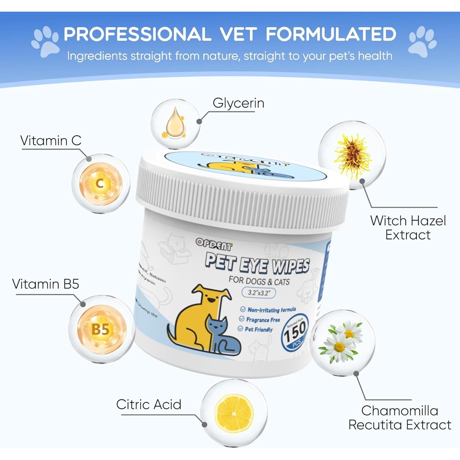 Toallitas para Ojos para Perros y Gatos Opdent 150 Pcs 8.13 cm