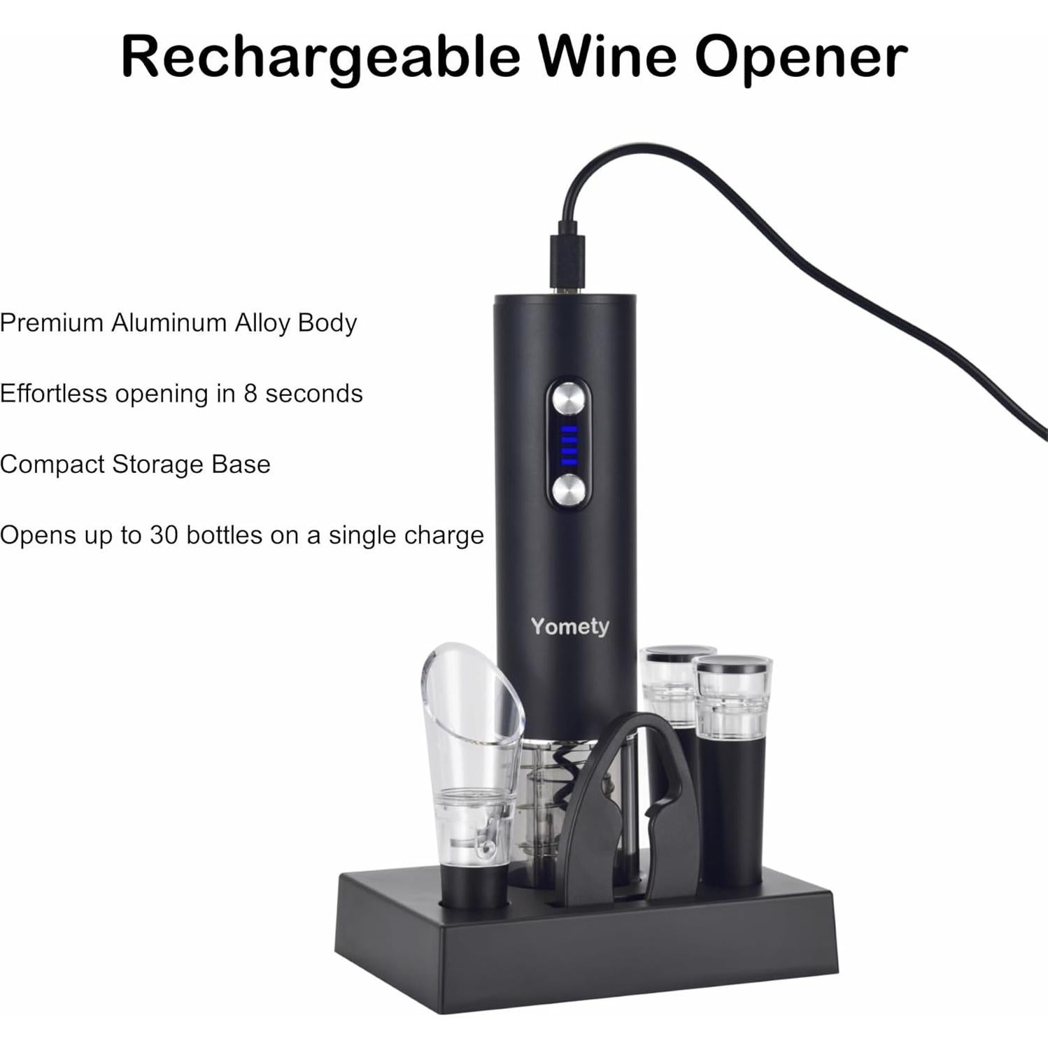 Abridor Eléctrico de Vino Yomety con Accesorios y Base - Negro