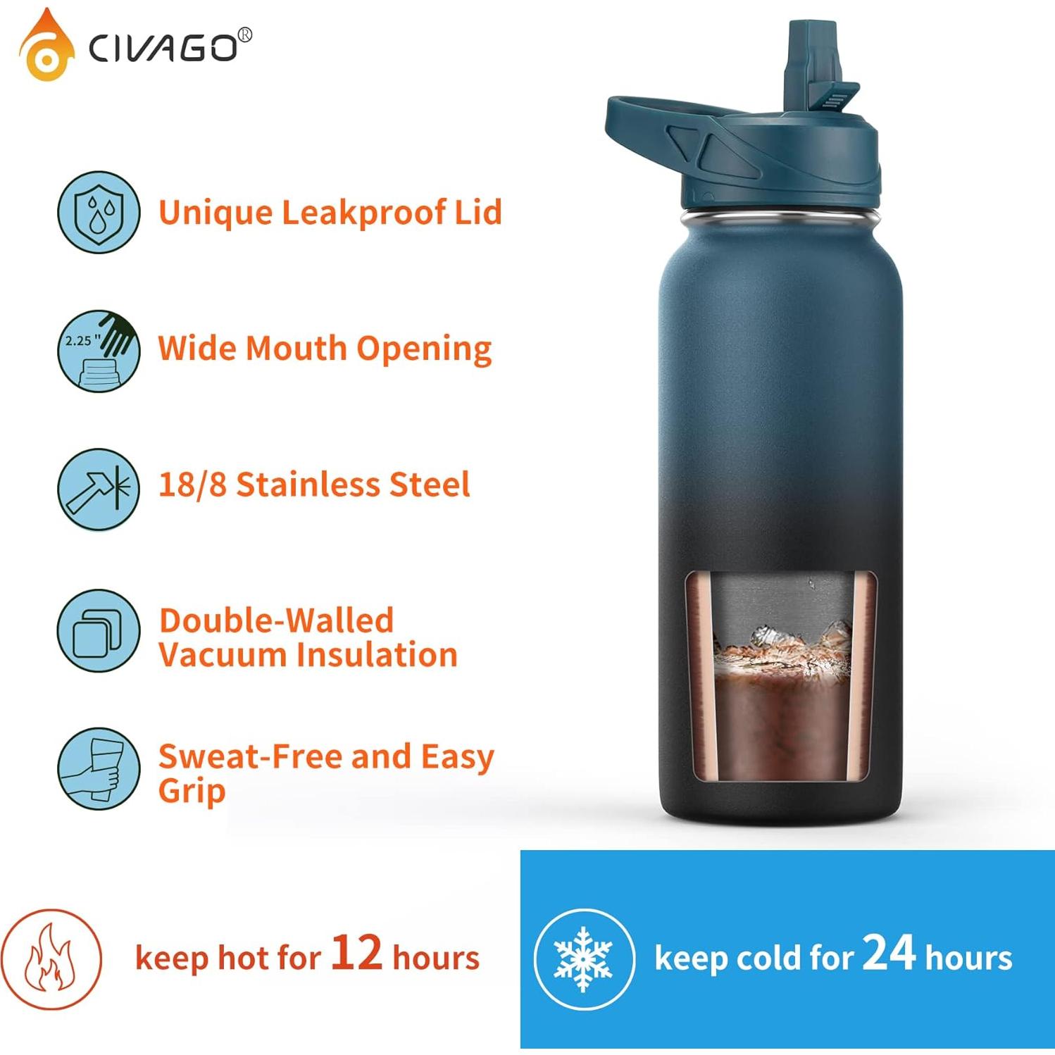 Botella de Agua Aislada CIVAGO 1.14L con Pajilla y Tapas