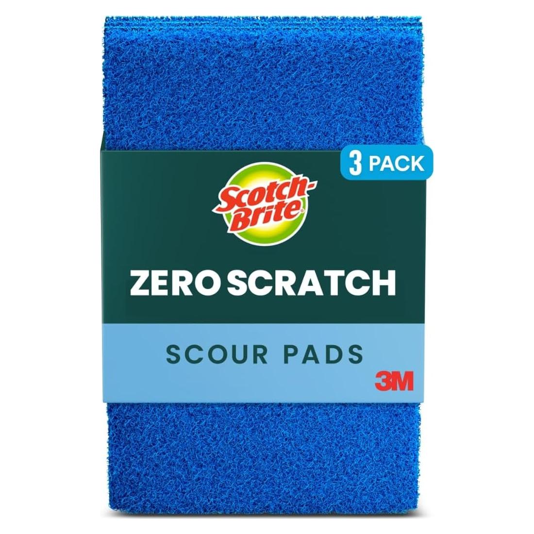 Scotch-Brite Zero Scratch Scouring Pad, Effective + Gentle Dish Scrubber for Household Cleaning, 3 Scrub Pads for Dishes, Nonstick Pots and Pans, Glass, Tubs, Showers, Reusable & Durable
