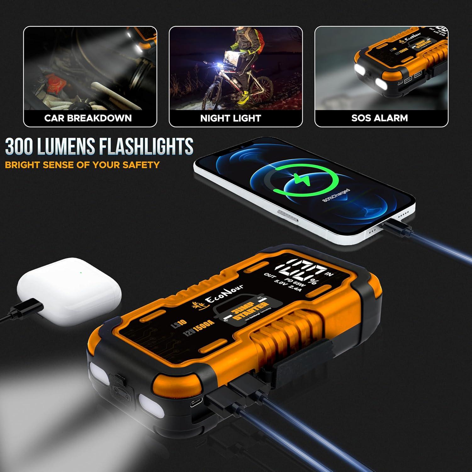 EcoNour Arrancador de Batería 1500A con Linterna LED