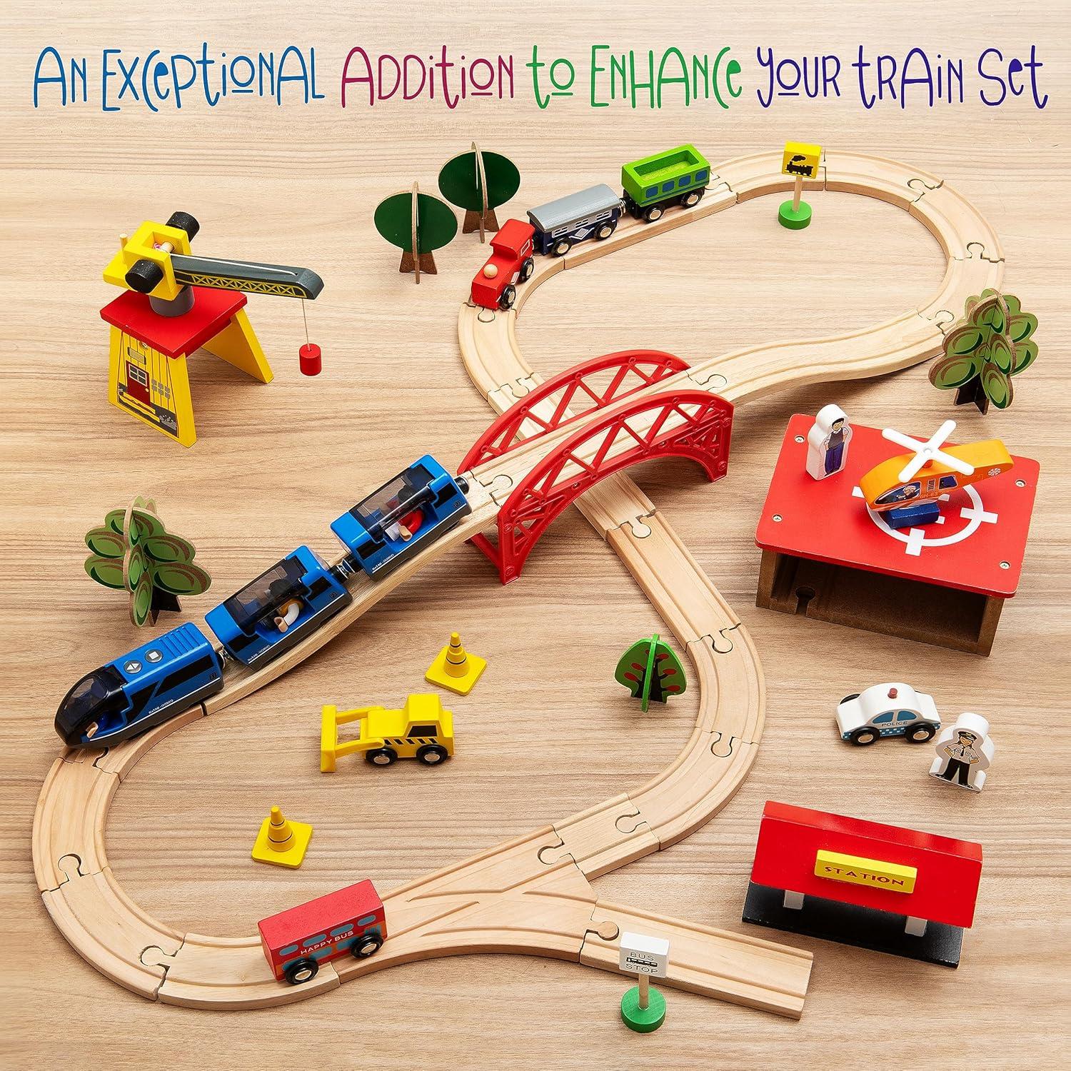 Battery Operated Action Locomotive Toy Train Set for Wooden Tracks, (Magnetic)-Compatible with Thomas The Train Toys, Brio Tram Set for Toddlers 3-5 and up, Stocking Stuffers for Kids