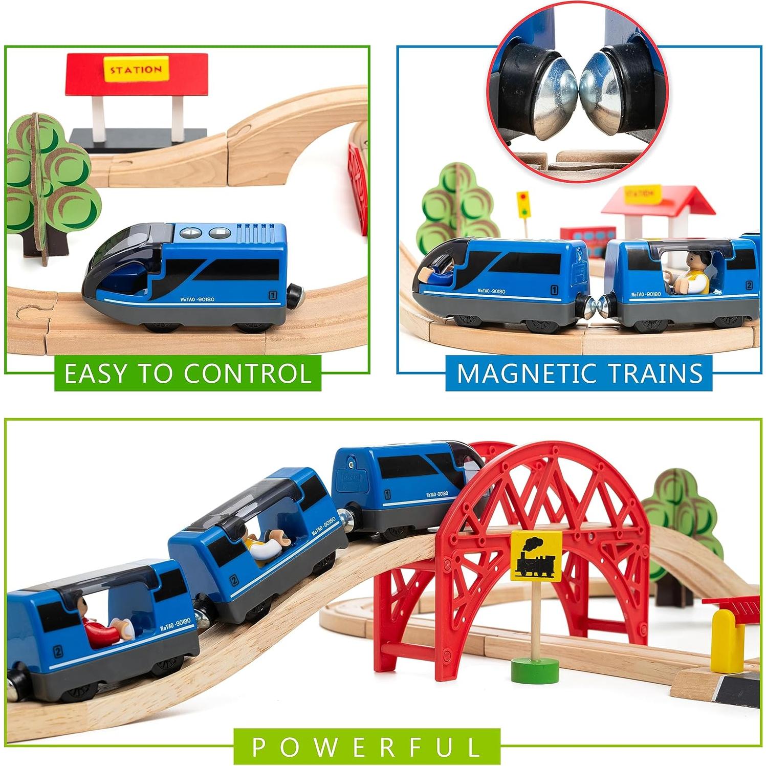 Battery Operated Action Locomotive Toy Train Set for Wooden Tracks, (Magnetic)-Compatible with Thomas The Train Toys, Brio Tram Set for Toddlers 3-5 and up, Stocking Stuffers for Kids