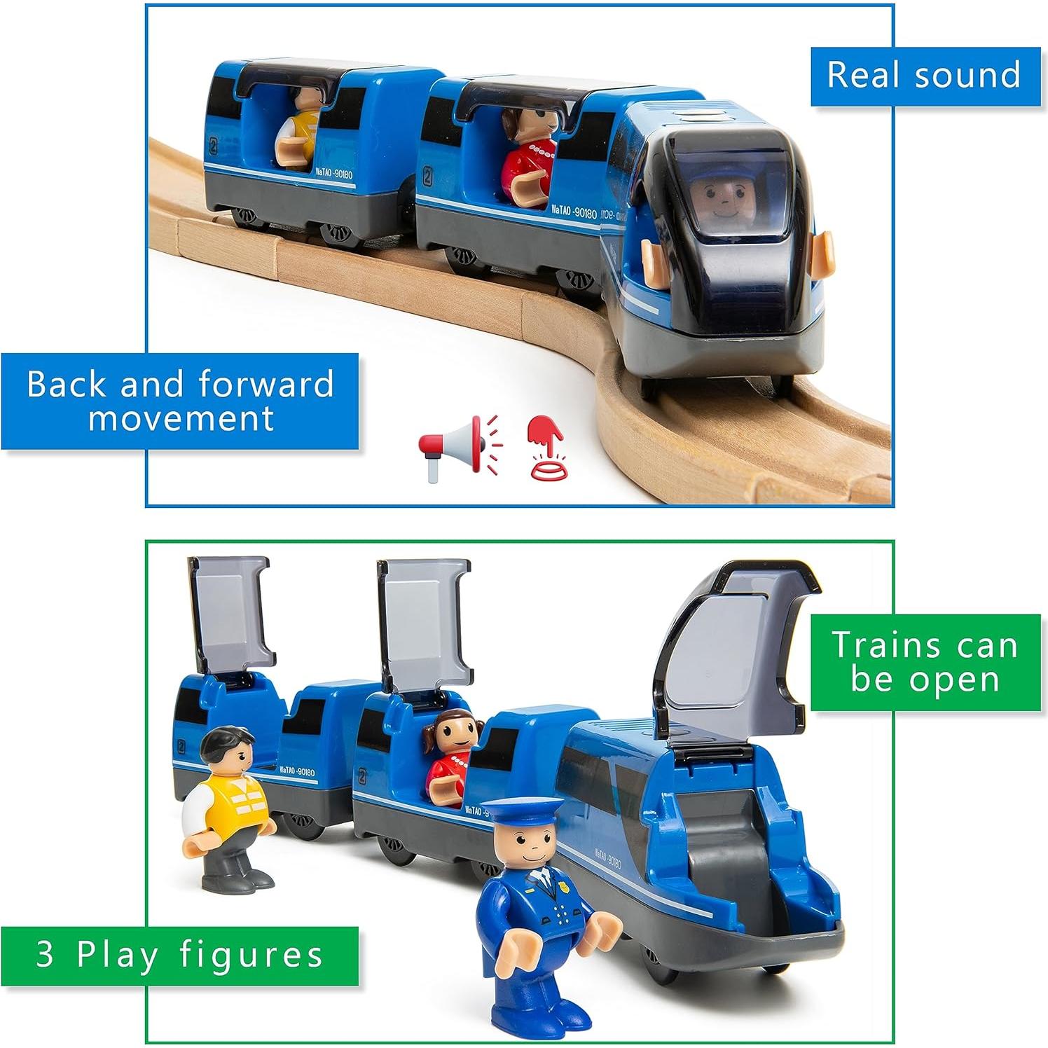 Battery Operated Action Locomotive Toy Train Set for Wooden Tracks, (Magnetic)-Compatible with Thomas The Train Toys, Brio Tram Set for Toddlers 3-5 and up, Stocking Stuffers for Kids