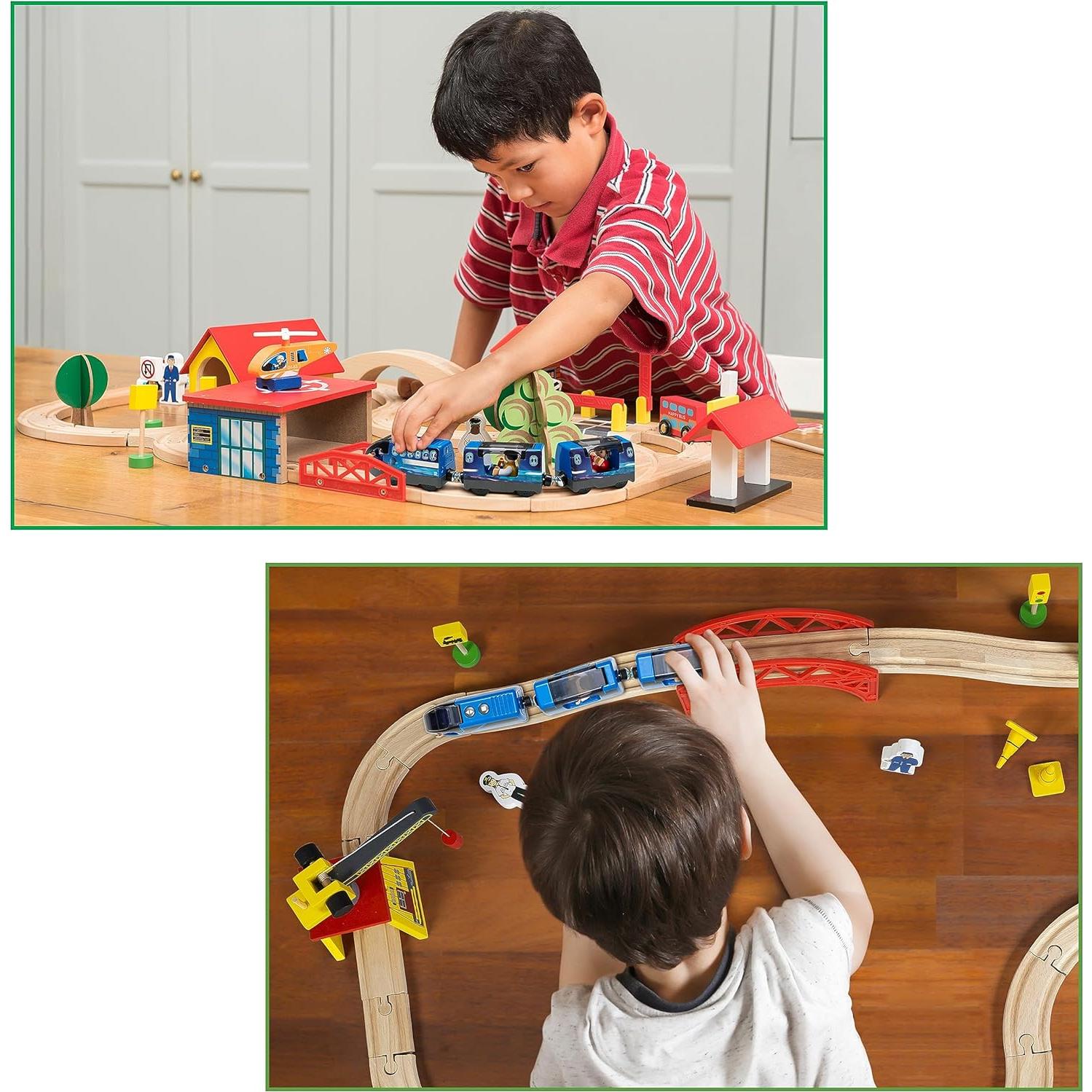 Battery Operated Action Locomotive Toy Train Set for Wooden Tracks, (Magnetic)-Compatible with Thomas The Train Toys, Brio Tram Set for Toddlers 3-5 and up, Stocking Stuffers for Kids