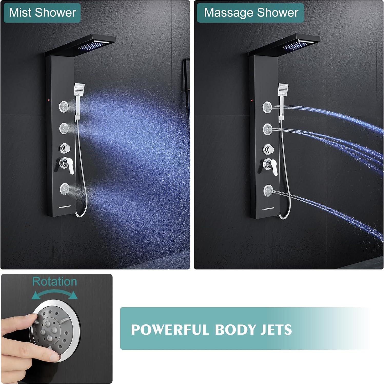 Torre de Ducha LED KINKIB 5-en-1 Acero Inoxidable Negro