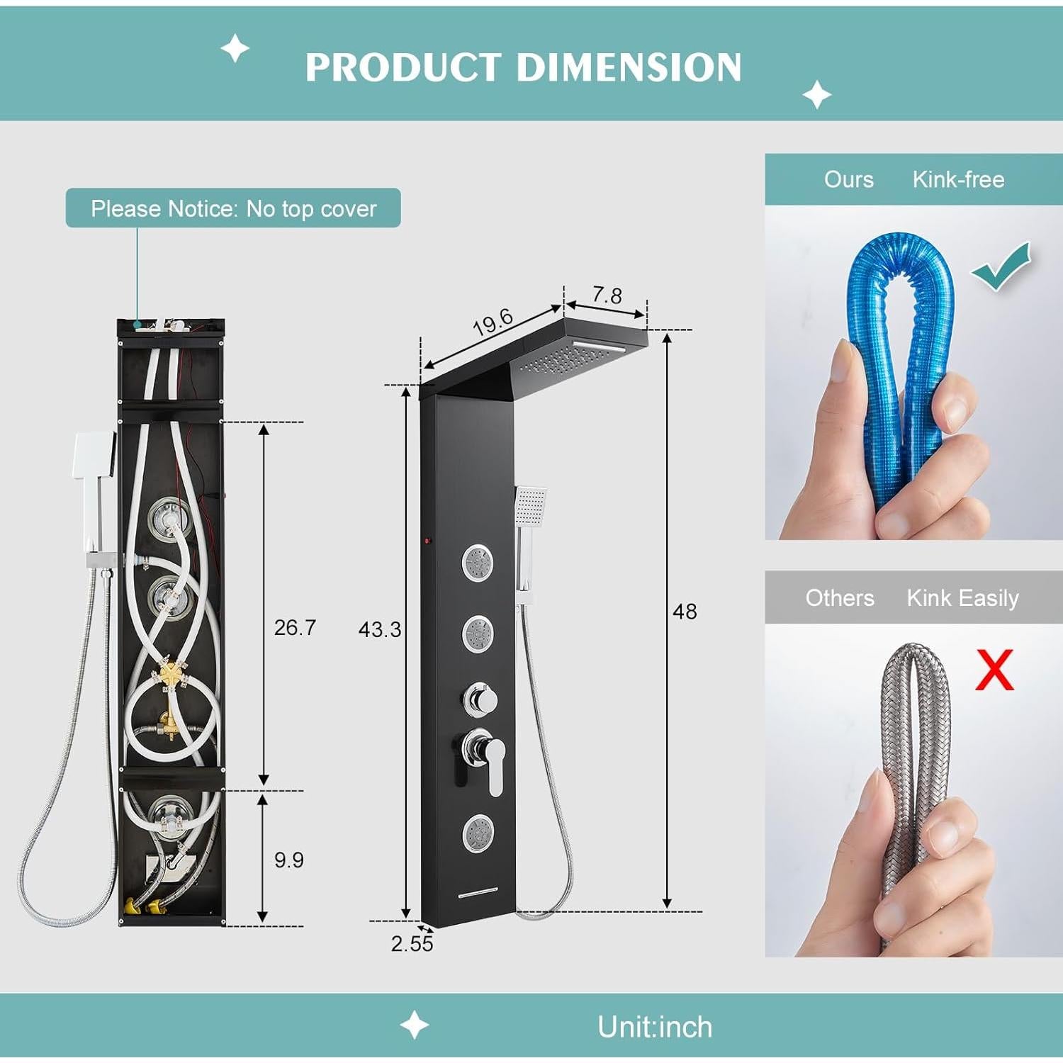 Torre de Ducha LED KINKIB 5-en-1 Acero Inoxidable Negro