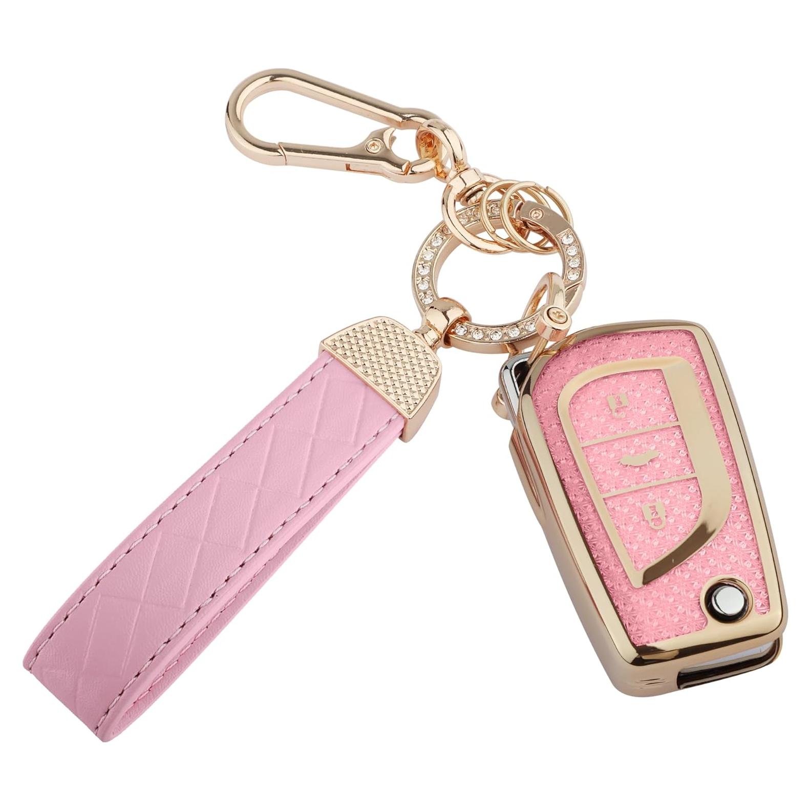 for Toyota 3 Buttons Key Fob Cover, Soft TPU Keys Protector Bling Key Fob Keychain for Fortuner Tundra Camry RAV4 Highlander Corolla Smart Key, Gold Pink