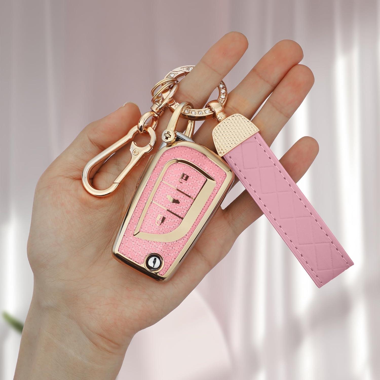for Toyota 3 Buttons Key Fob Cover, Soft TPU Keys Protector Bling Key Fob Keychain for Fortuner Tundra Camry RAV4 Highlander Corolla Smart Key, Gold Pink