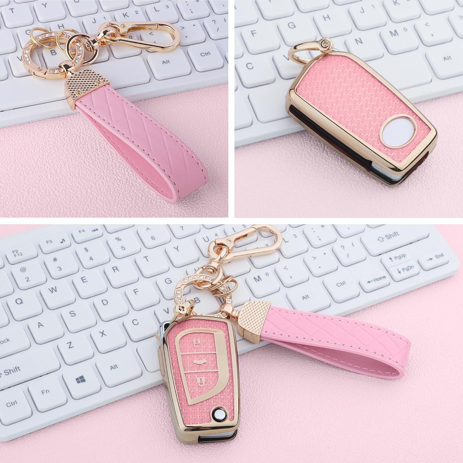 for Toyota 3 Buttons Key Fob Cover, Soft TPU Keys Protector Bling Key Fob Keychain for Fortuner Tundra Camry RAV4 Highlander Corolla Smart Key, Gold Pink