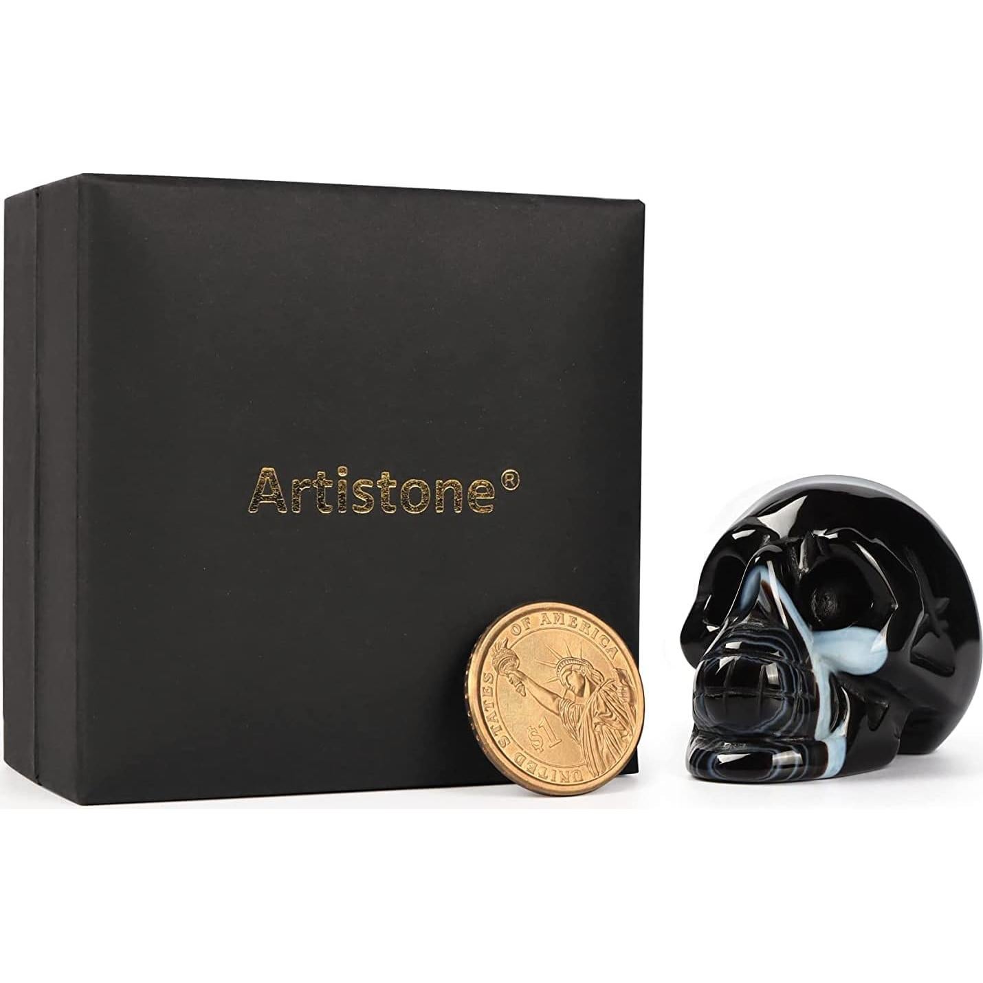 Estatua de Calavera de Cristal Ágata Banda Negra Artista 3.8cm