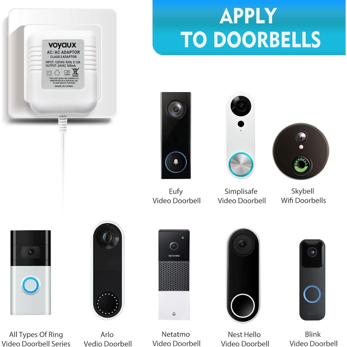 Transformador de Timbre 24V Voyaux 500mA Cable 5,49m