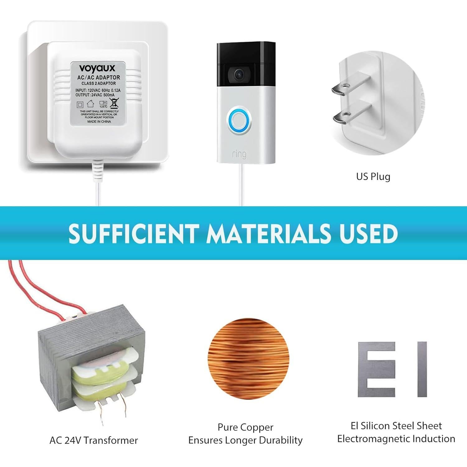Transformador de Timbre 24V Voyaux 500mA Cable 5,49m