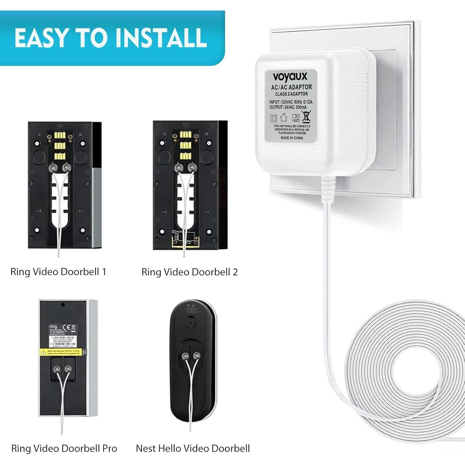 Transformador de Timbre 24V Voyaux 500mA Cable 5,49m