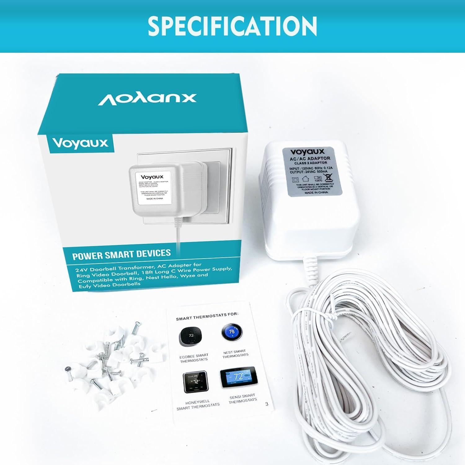 Transformador de Timbre 24V Voyaux 500mA Cable 5,49m