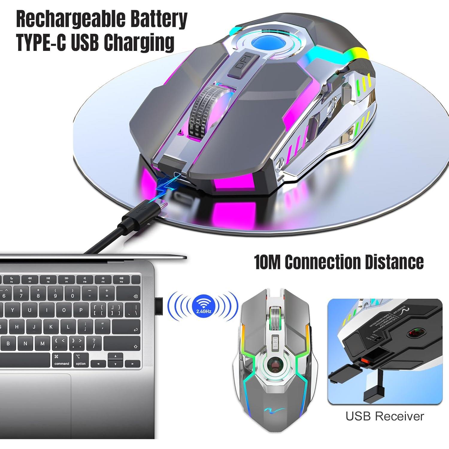 Ratón Inalámbrico Recargable HXMJ Z30 Gris con Luz RGB