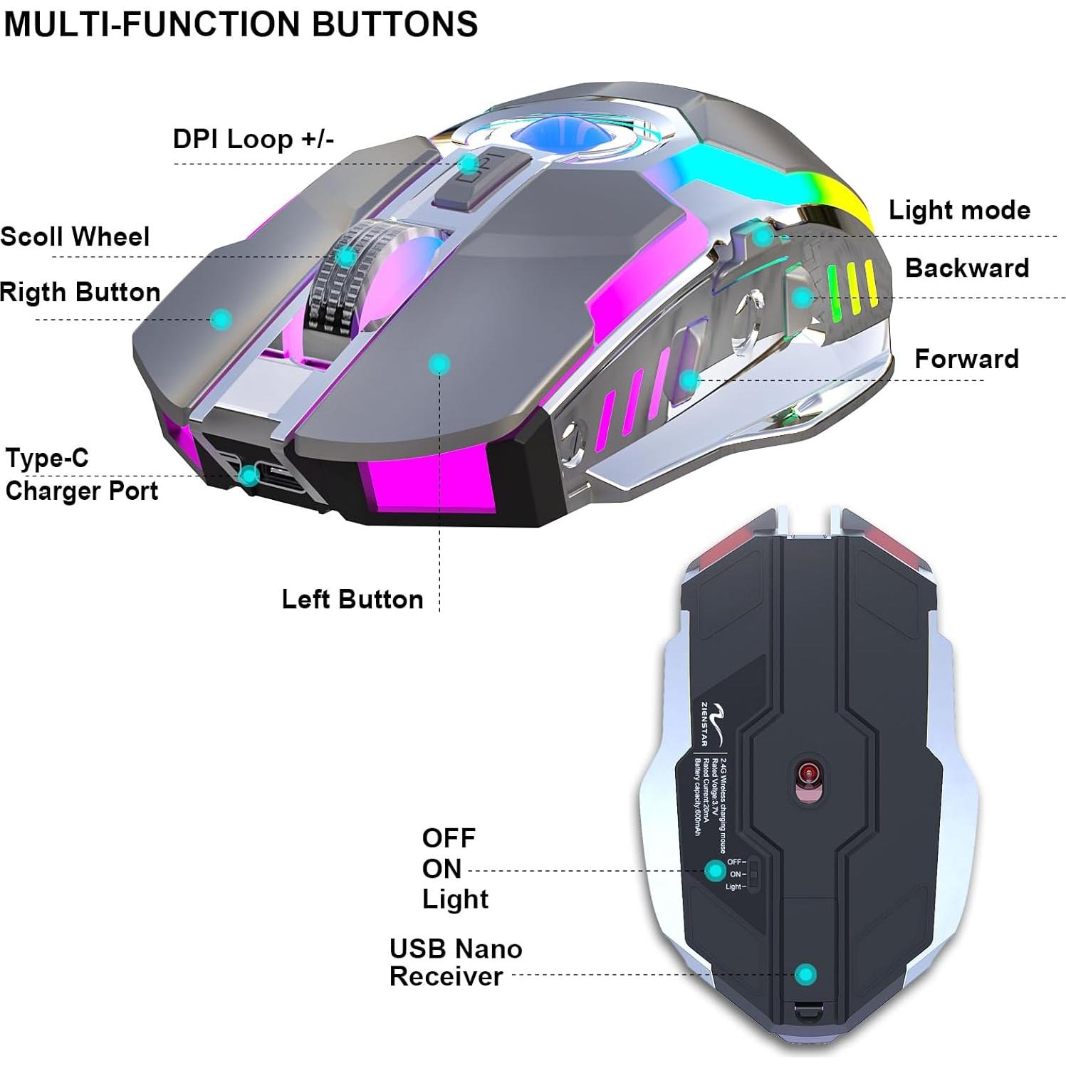 Ratón Inalámbrico Recargable HXMJ Z30 Gris con Luz RGB