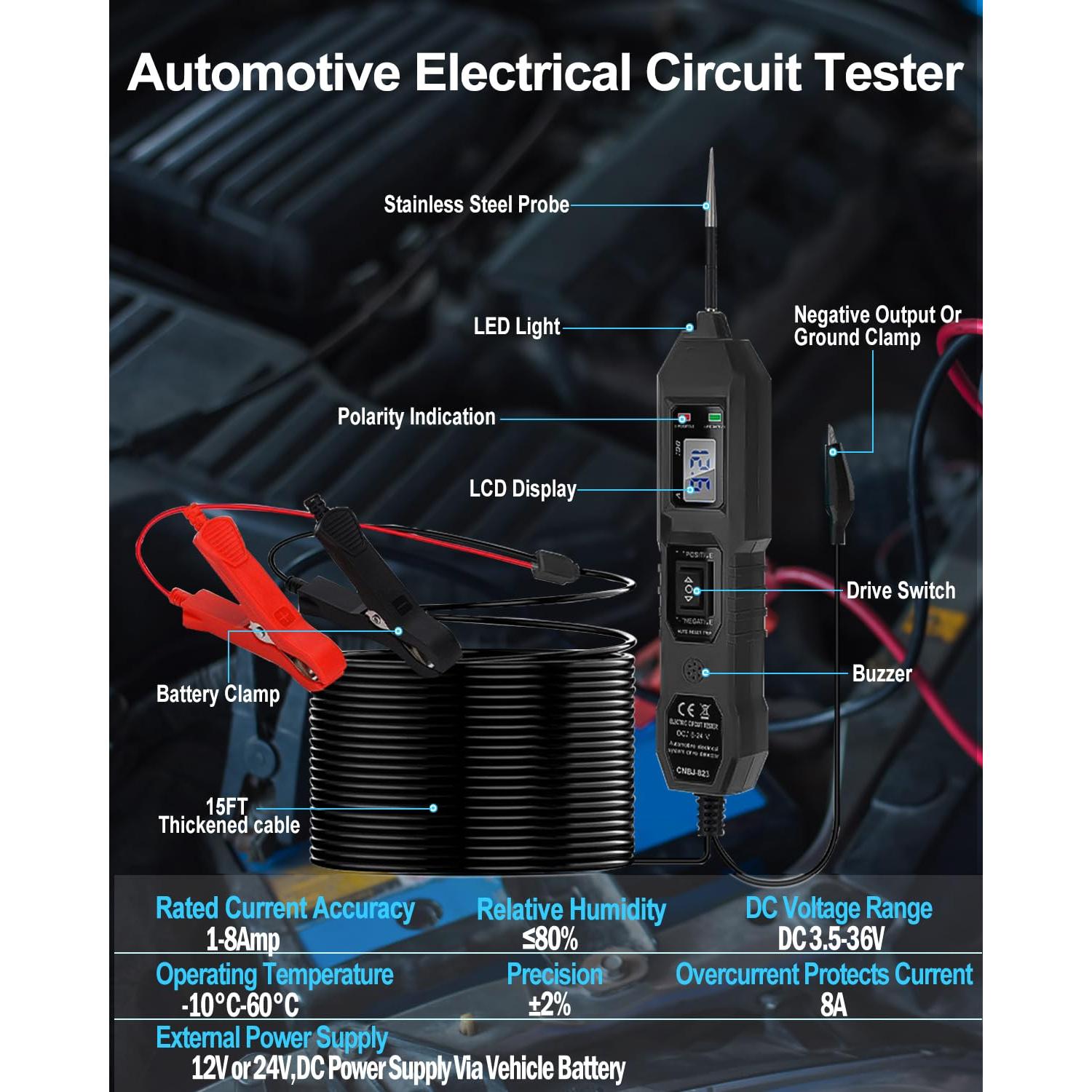 Probador de Circuito DC Zzxker 6-24V con Pantalla LCD y Linterna