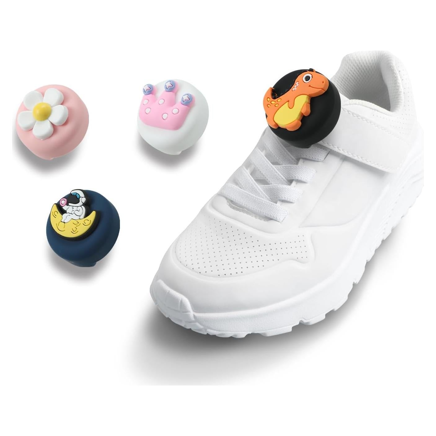 4 Pack Cute Cartoon AirTag Holder for Kids 16 Pcs Replaceable Fun Characters Hidden Silicone AirTag Tracker Cases for Children Shoes(Black & White & Pink & Blue)