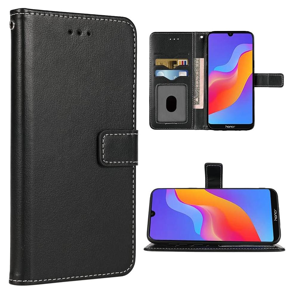 Compatible with Huawei Y6 2019/Honor 8A/Y6 Prime 2019 Wallet Case Wrist Strap Lanyard Leather Flip Cover Card Holder Stand Cell Accessories Phone Cases for Hawaii Honor8A Pro Y6s Women Black