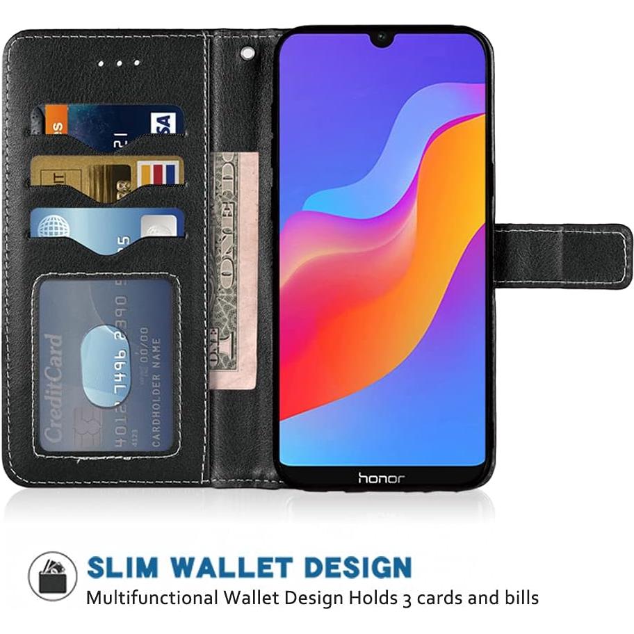 Compatible with Huawei Y6 2019/Honor 8A/Y6 Prime 2019 Wallet Case Wrist Strap Lanyard Leather Flip Cover Card Holder Stand Cell Accessories Phone Cases for Hawaii Honor8A Pro Y6s Women Black