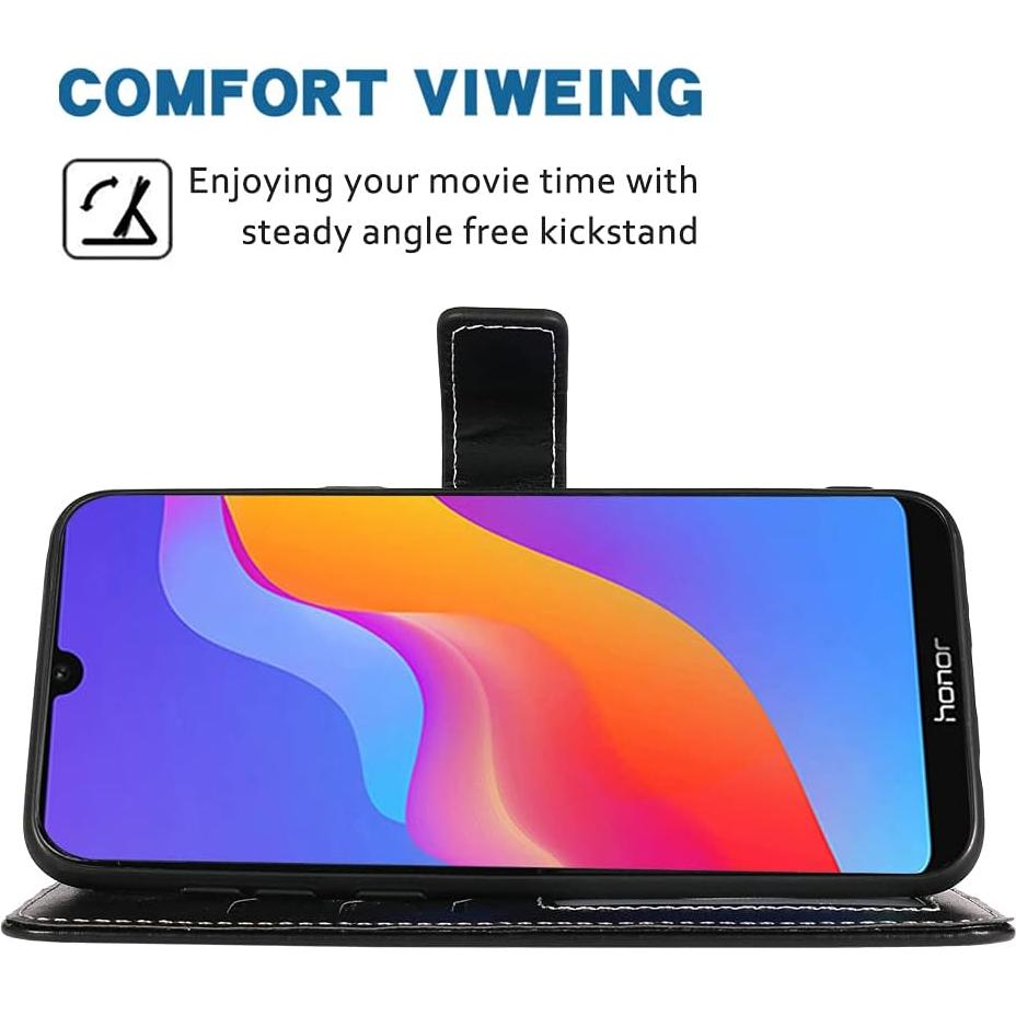 Compatible with Huawei Y6 2019/Honor 8A/Y6 Prime 2019 Wallet Case Wrist Strap Lanyard Leather Flip Cover Card Holder Stand Cell Accessories Phone Cases for Hawaii Honor8A Pro Y6s Women Black