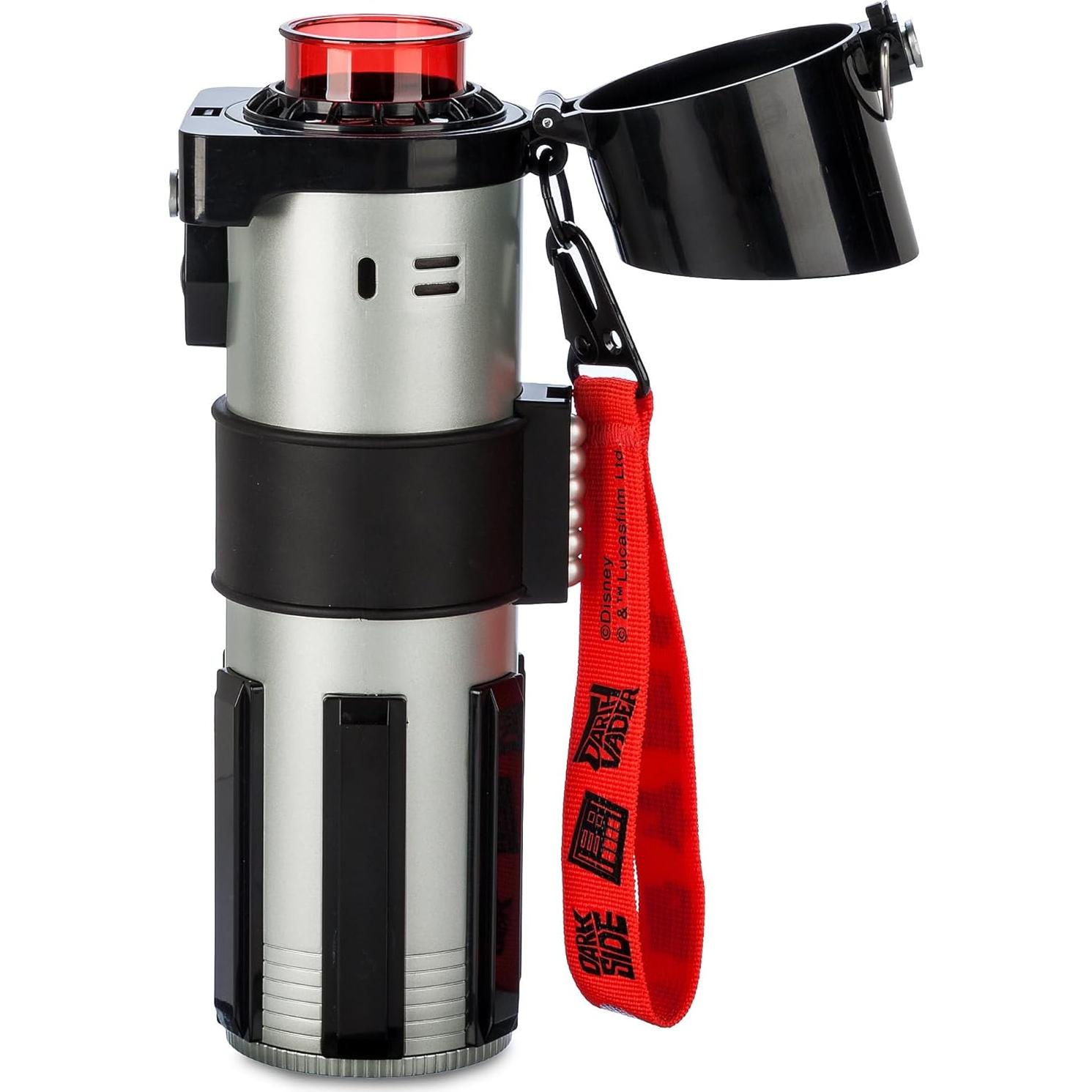 DISNEY STORE Official Star Wars Lightsaber Water Bottle with Sound & Light Effects, Translucent Blue Sleeve, Red Button Pop Top, Silicone Flange, Wrist Strap, Hand Wash - Holds 12.7 oz - Darth Vader