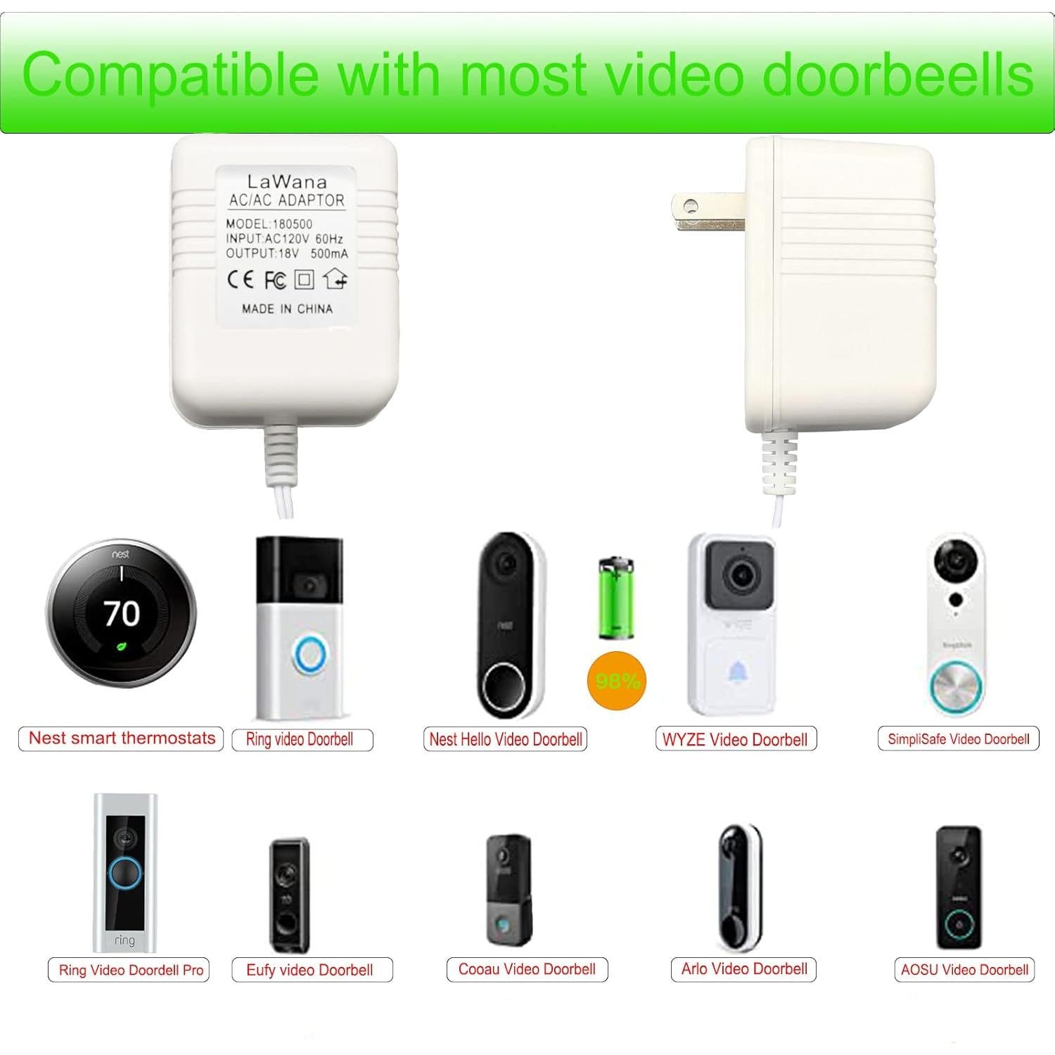 Adaptador de corriente 18V 500mA LaWana para timbres Ring y Nest