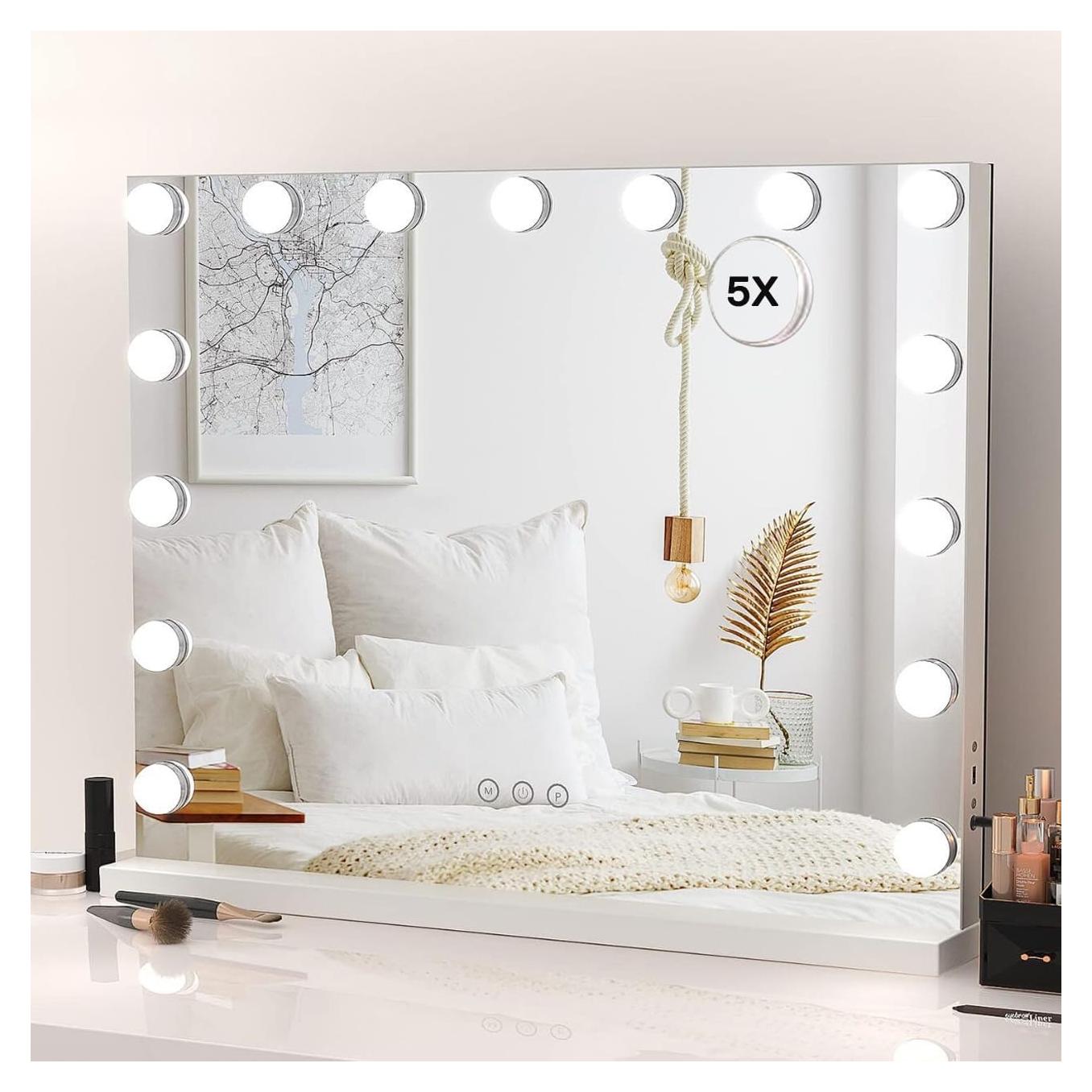 HIEEY Vanity Mirror with Lights, Hollywood Lighted Mirror with 15 Dimmable LED Bulbs, Makeup Mirror with Lights, and 5X Magnification Mirror, 3 Colors Modes,Touch Control, Metal Frame,White