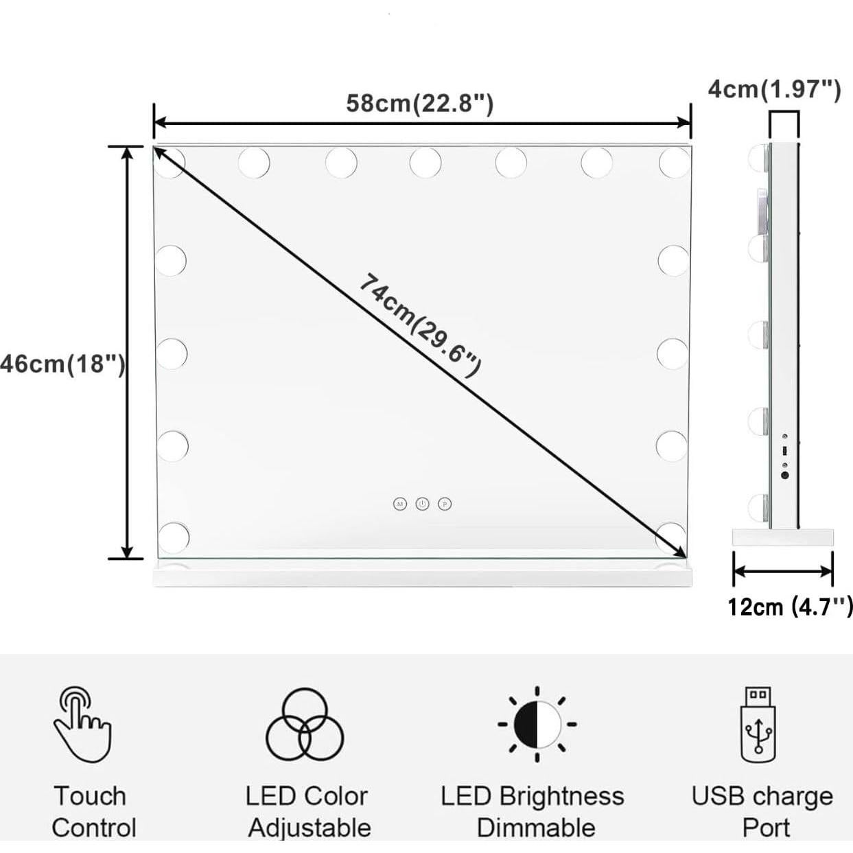 HIEEY Vanity Mirror with Lights, Hollywood Lighted Mirror with 15 Dimmable LED Bulbs, Makeup Mirror with Lights, and 5X Magnification Mirror, 3 Colors Modes,Touch Control, Metal Frame,White