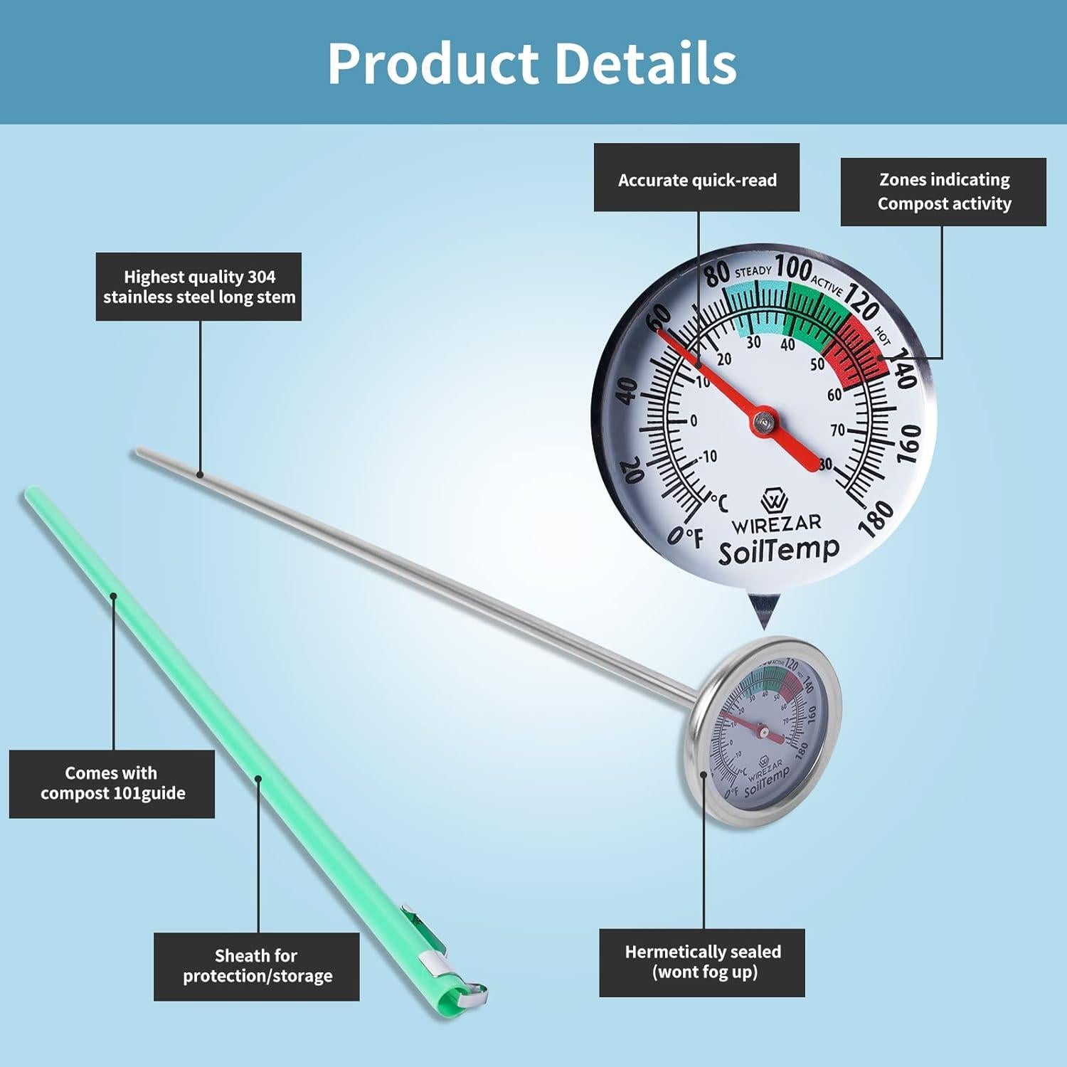 Termómetro de Compost Yogyro Acero Inoxidable 16 cm