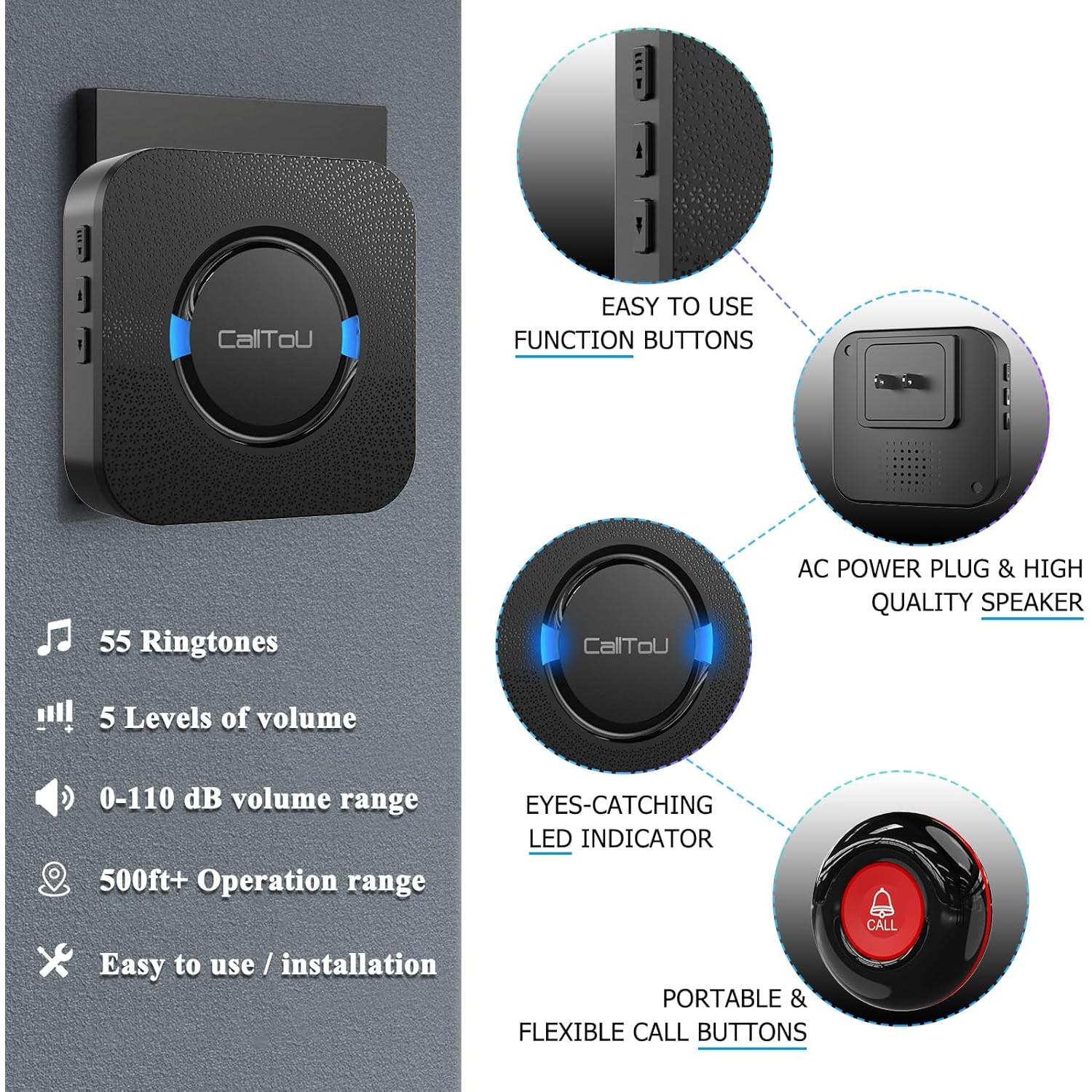 Botón de Alerta Inalámbrico CallToU para Ancianos 1 Receptor 1 Transmisor