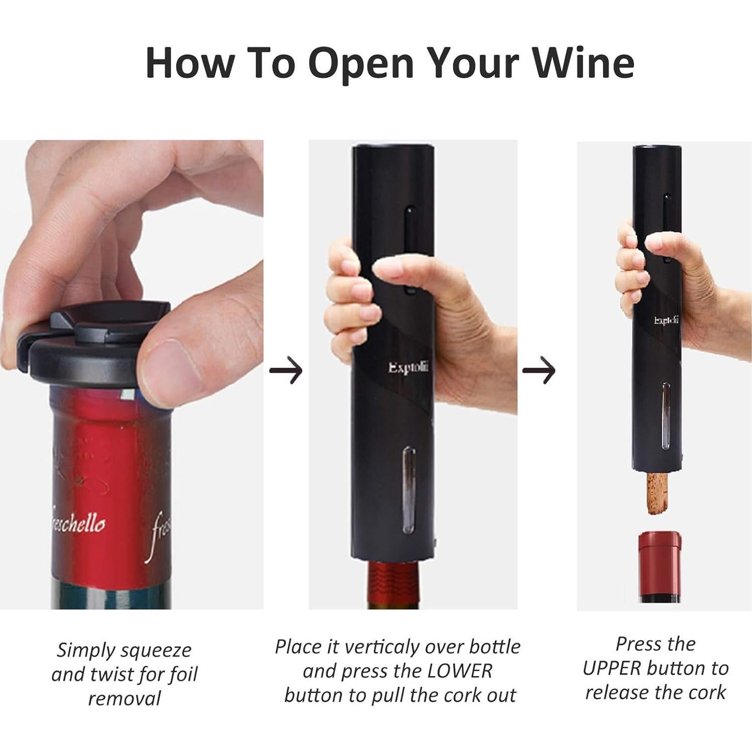 Abridor de Vino Eléctrico Exptolii con Cortador y Aerador