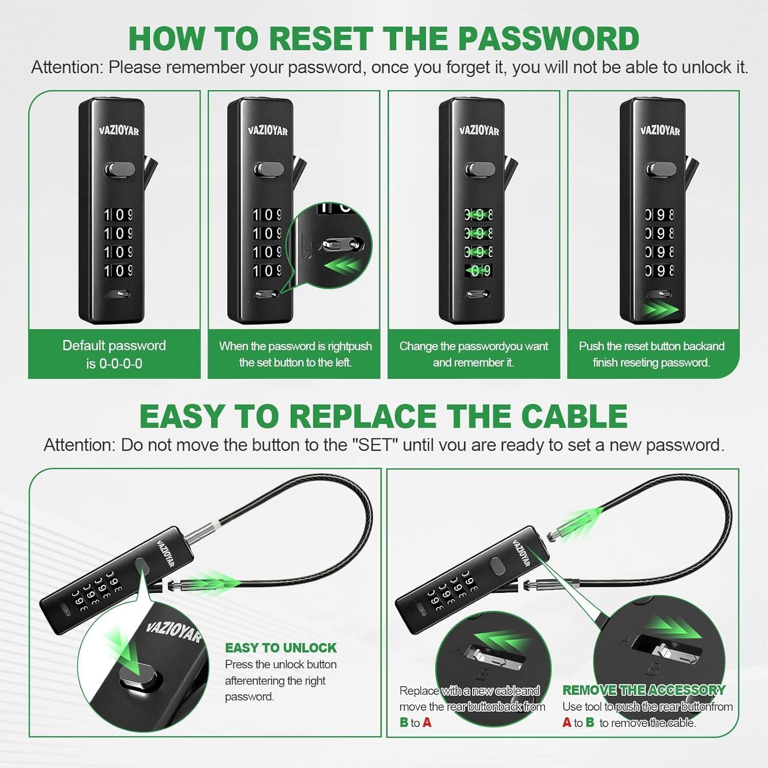Candado de Cable Vazioyar con Combinación 4 Dígitos y 3 Cables