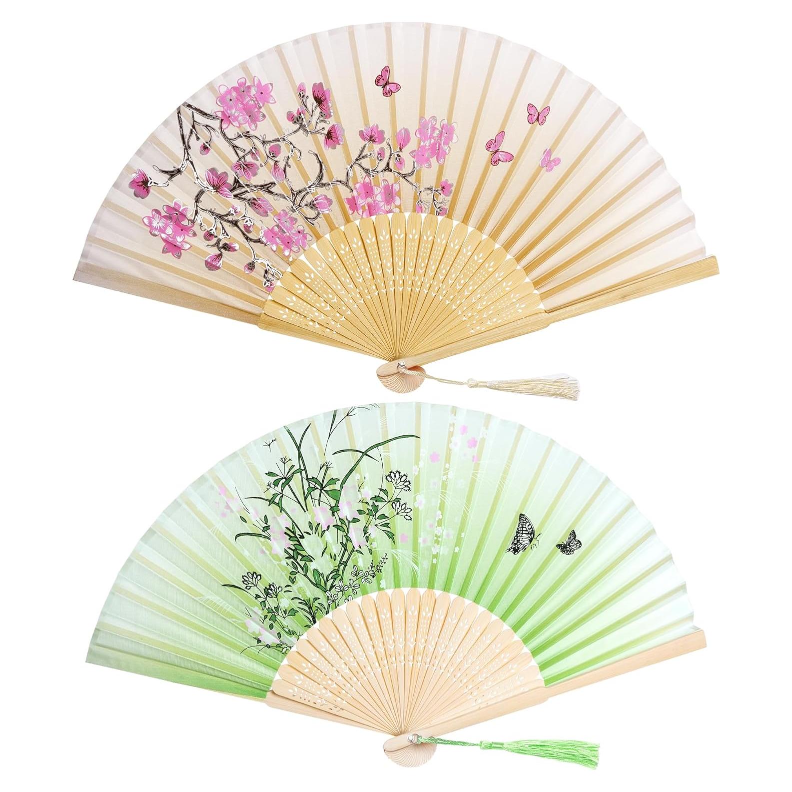 Abanicos de Mano de Seda Bantoye 2 Piezas Floral Marrón Verde