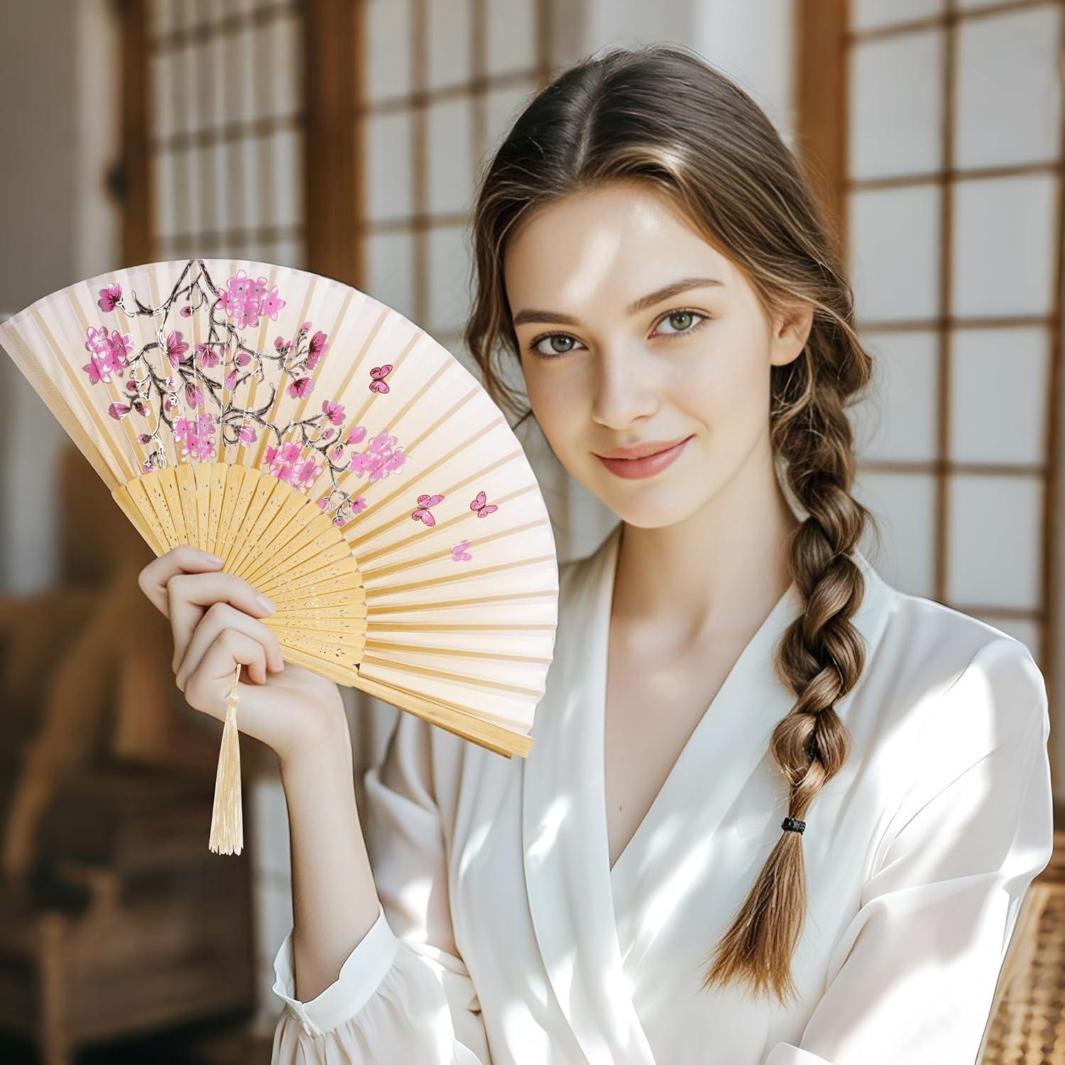 Abanicos de Mano de Seda Bantoye 2 Piezas Floral Marrón Verde