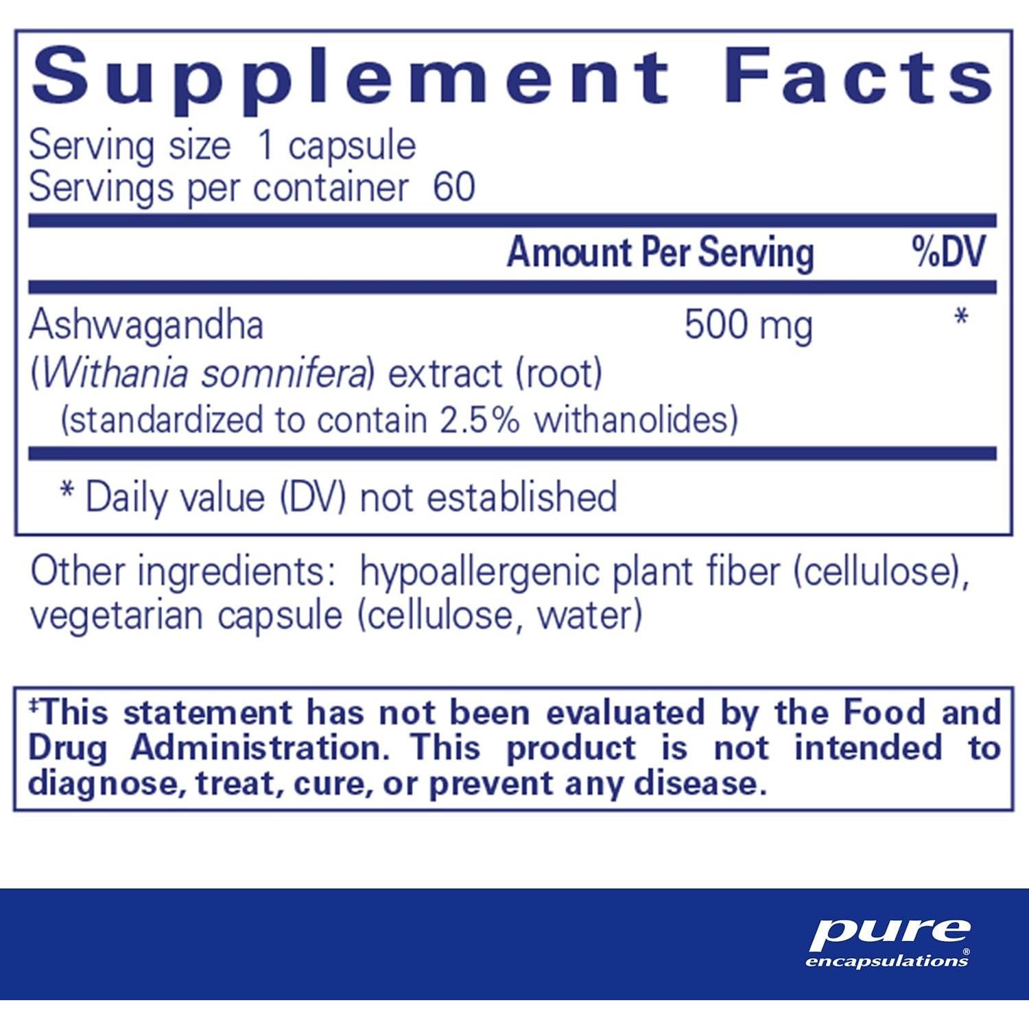 Suplemento de Ashwagandha 500 mg Pure Encapsulations - 60 Cápsulas Veganas