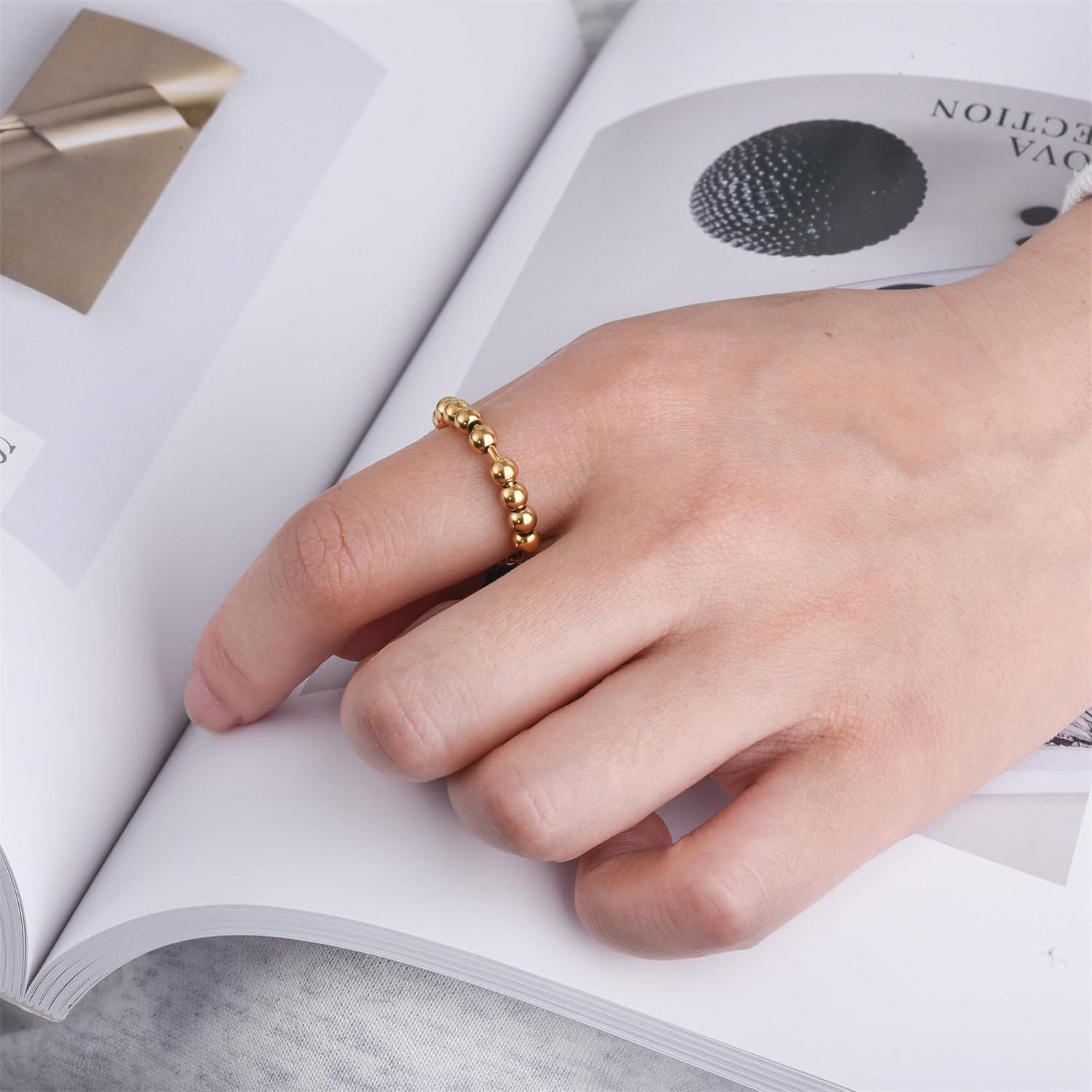 LOVECOM 925 Sterling Silver Anxiety Fidget with Beads Rings for Anxiety Spinner Ring for Women Men Gold Stress Relief Spinning Ring Releases Rotate Thumb Ring Jewelry Birthday Christmasn Gifts for Her