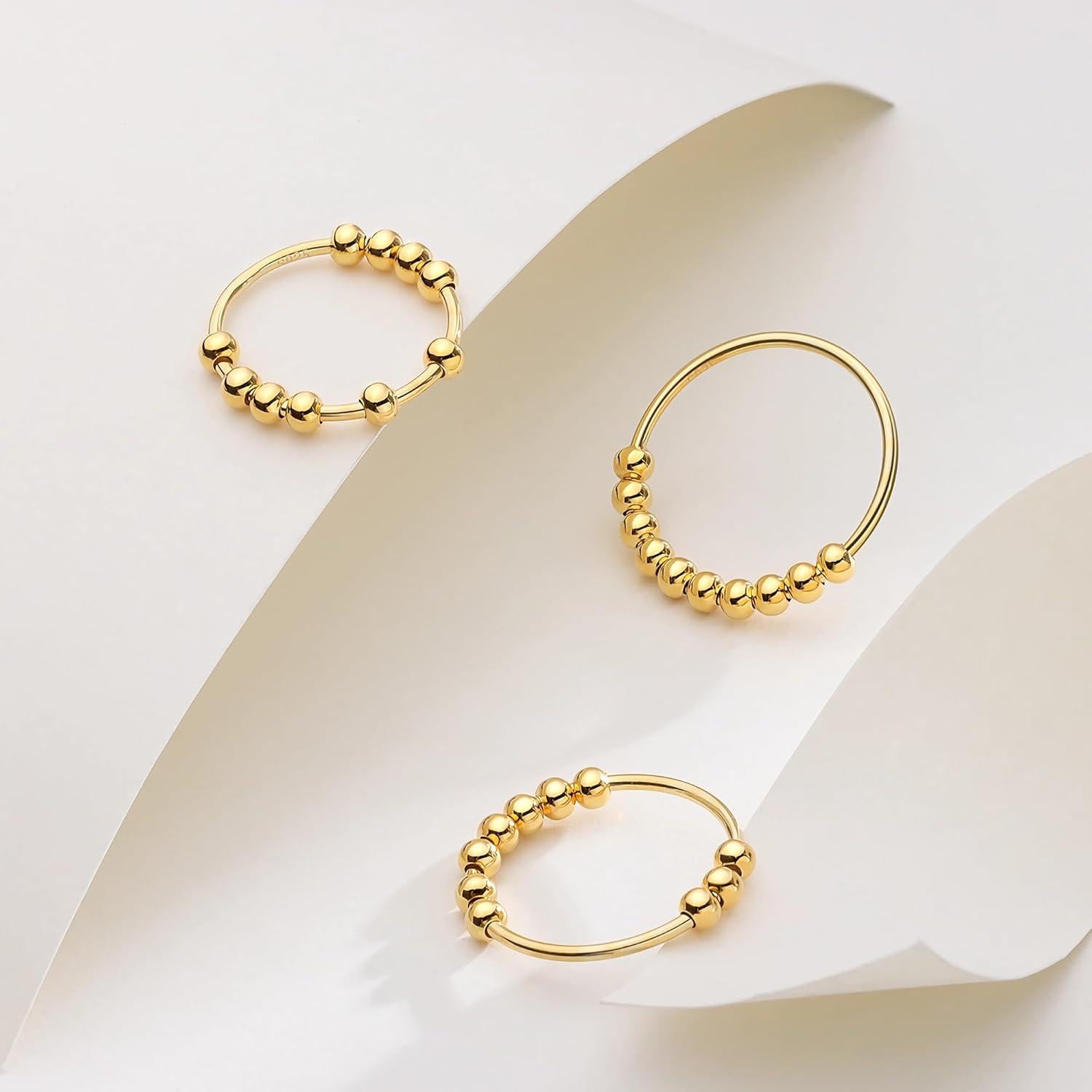 LOVECOM 925 Sterling Silver Anxiety Fidget with Beads Rings for Anxiety Spinner Ring for Women Men Gold Stress Relief Spinning Ring Releases Rotate Thumb Ring Jewelry Birthday Christmasn Gifts for Her