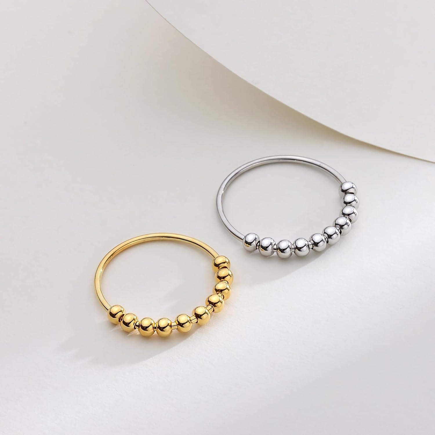 LOVECOM 925 Sterling Silver Anxiety Fidget with Beads Rings for Anxiety Spinner Ring for Women Men Gold Stress Relief Spinning Ring Releases Rotate Thumb Ring Jewelry Birthday Christmasn Gifts for Her