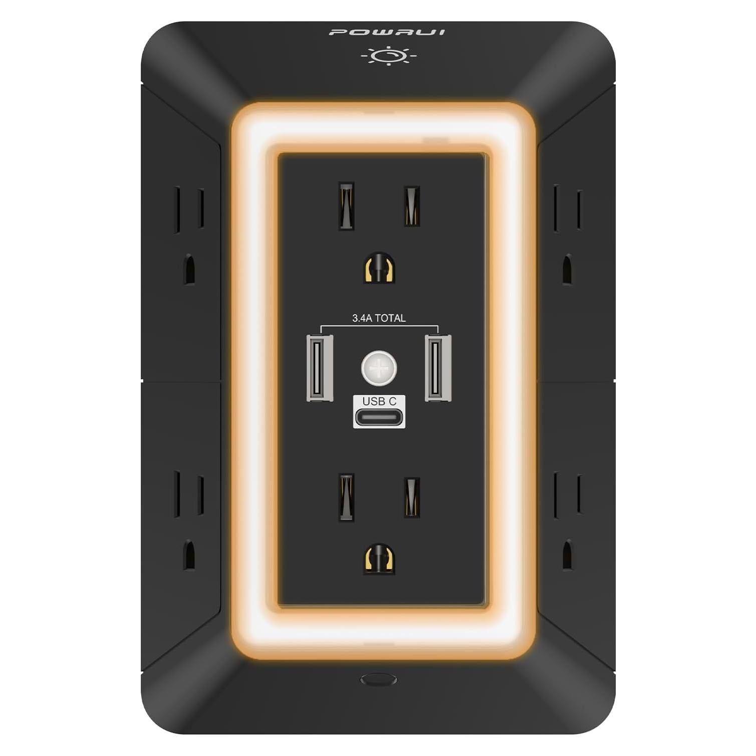 Regleta de Extensión POWRUI 6 Salidas con 3 USB y Luz Nocturna