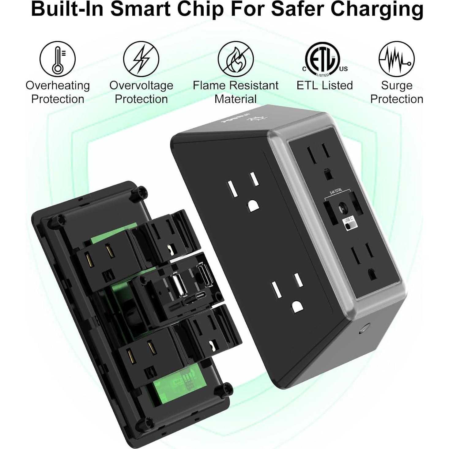 Regleta de Extensión POWRUI 6 Salidas con 3 USB y Luz Nocturna