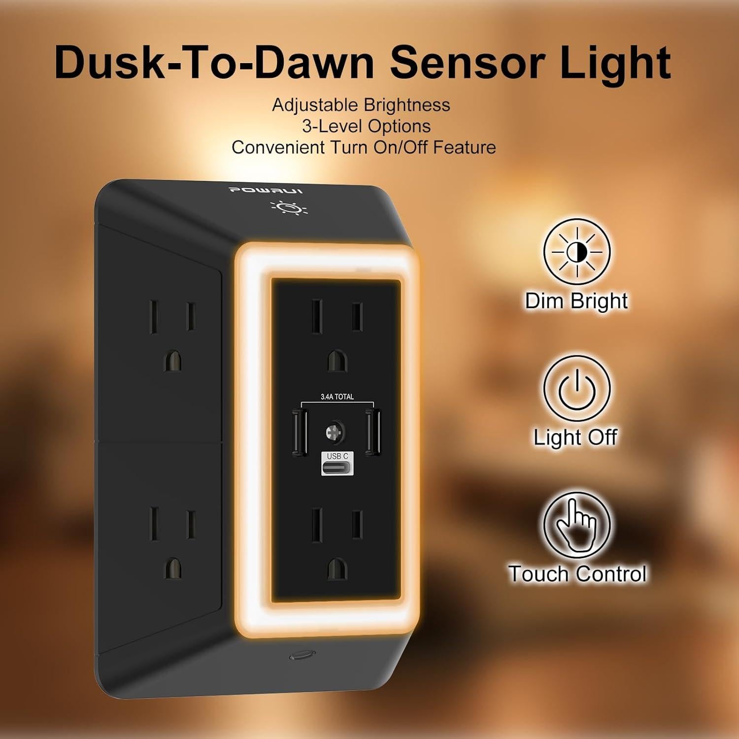 Regleta de Extensión POWRUI 6 Salidas con 3 USB y Luz Nocturna