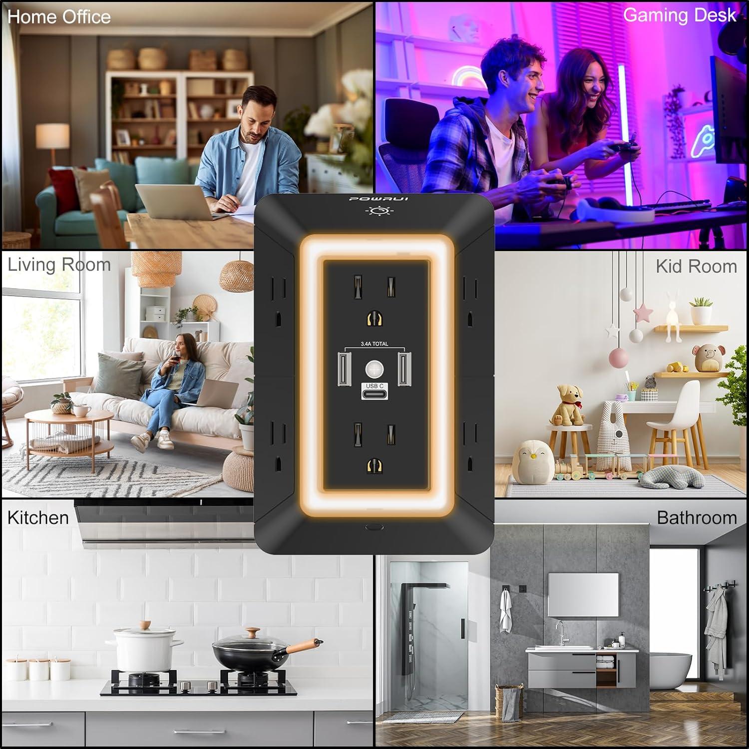 Regleta de Extensión POWRUI 6 Salidas con 3 USB y Luz Nocturna