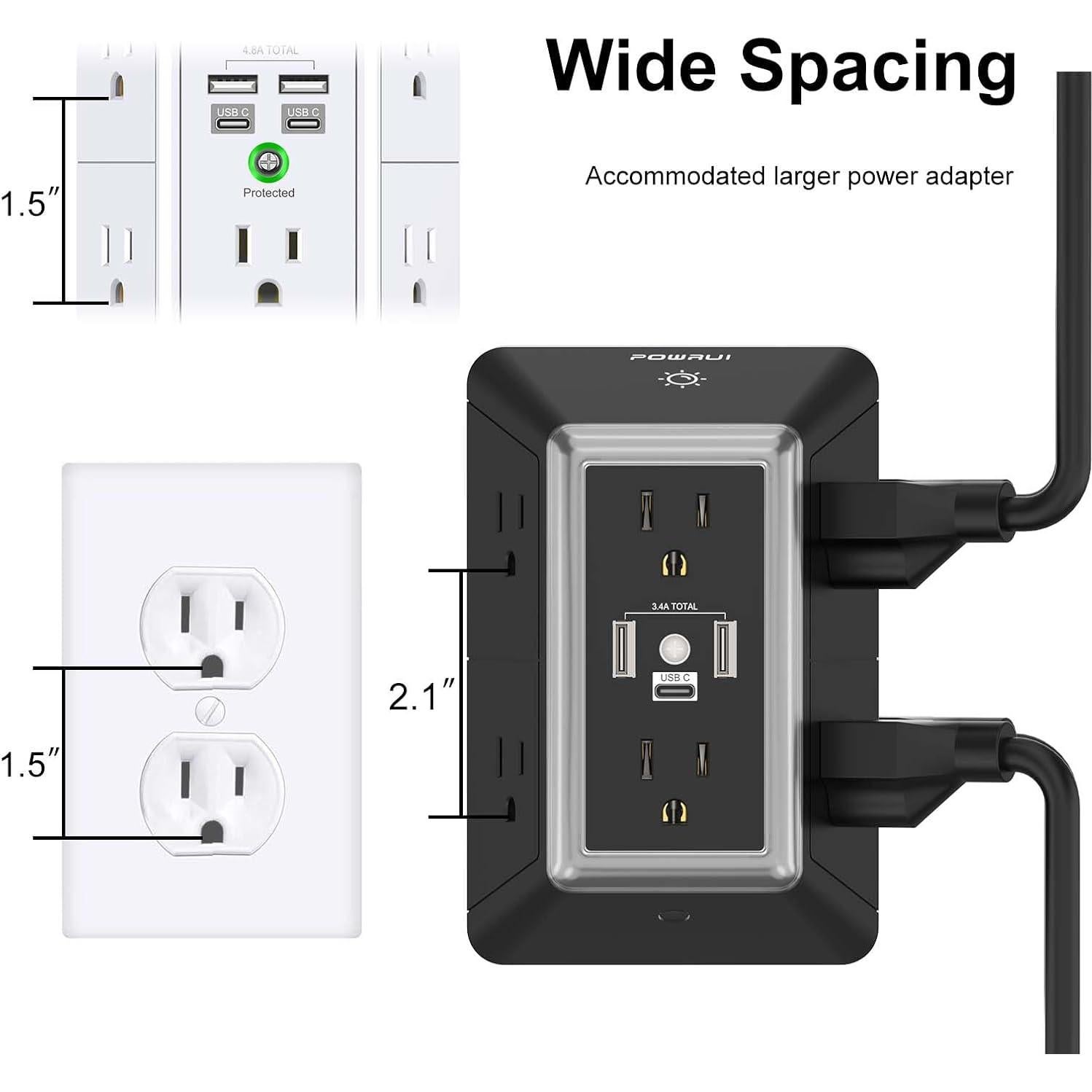 Regleta de Extensión POWRUI 6 Salidas con 3 USB y Luz Nocturna